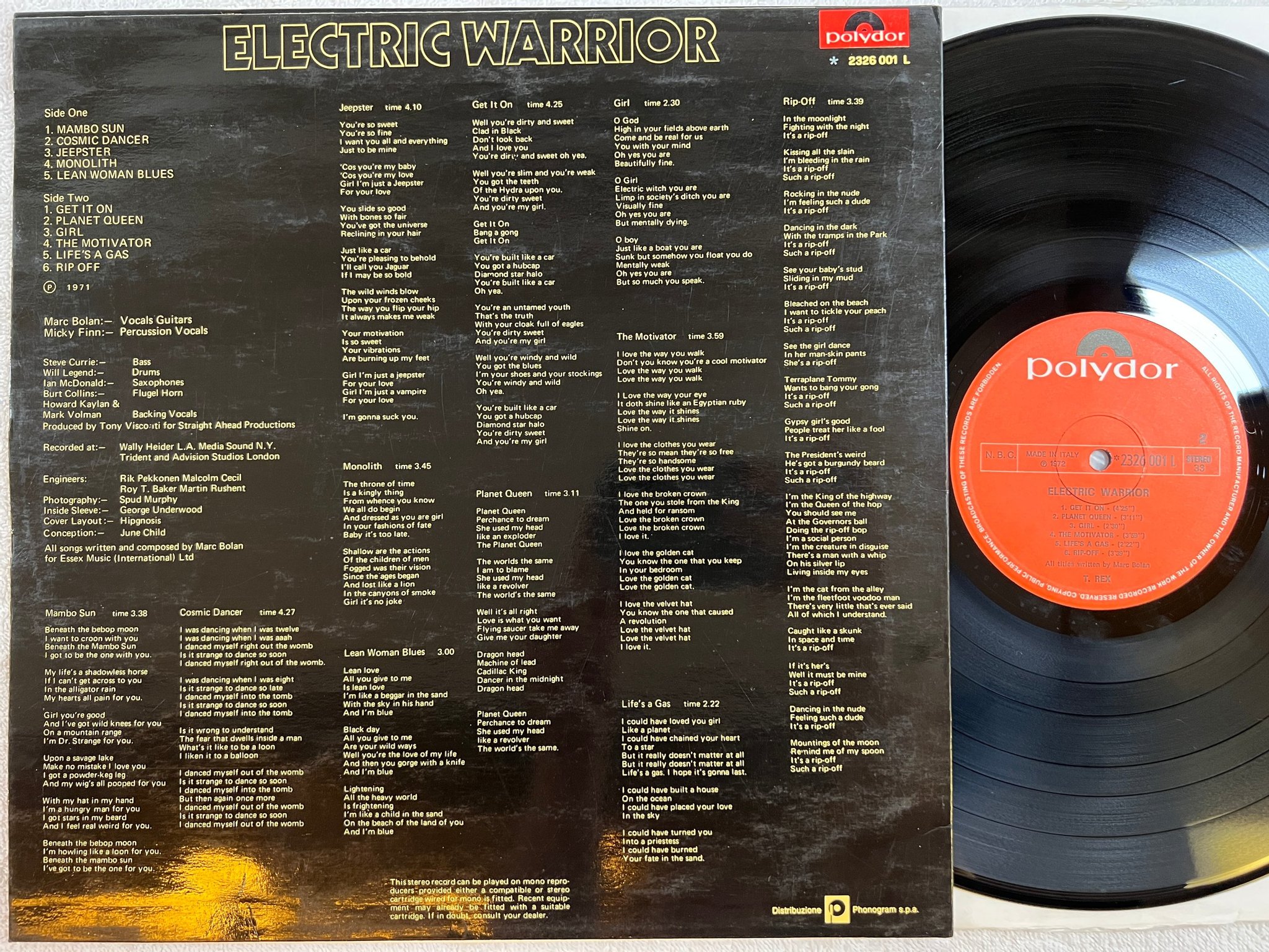 Omslagsbild för skivan T. REX electric warrior LP Ita POLYDOR 2326001 L