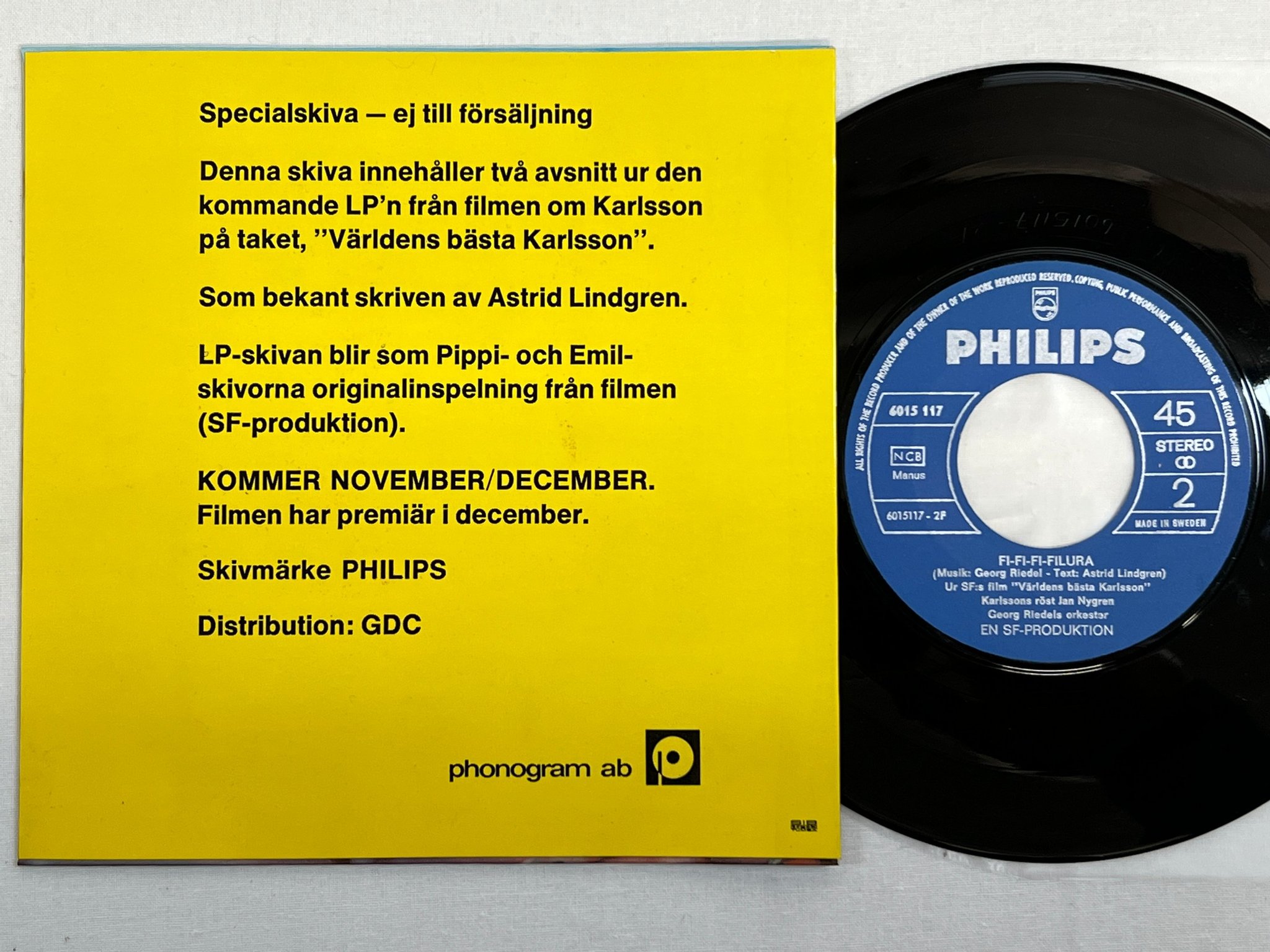 Omslagsbild för skivan GEORG RIEDEL världens bästa Karlsson 7"single PHILIPS 6015117 promo RARE !!! 