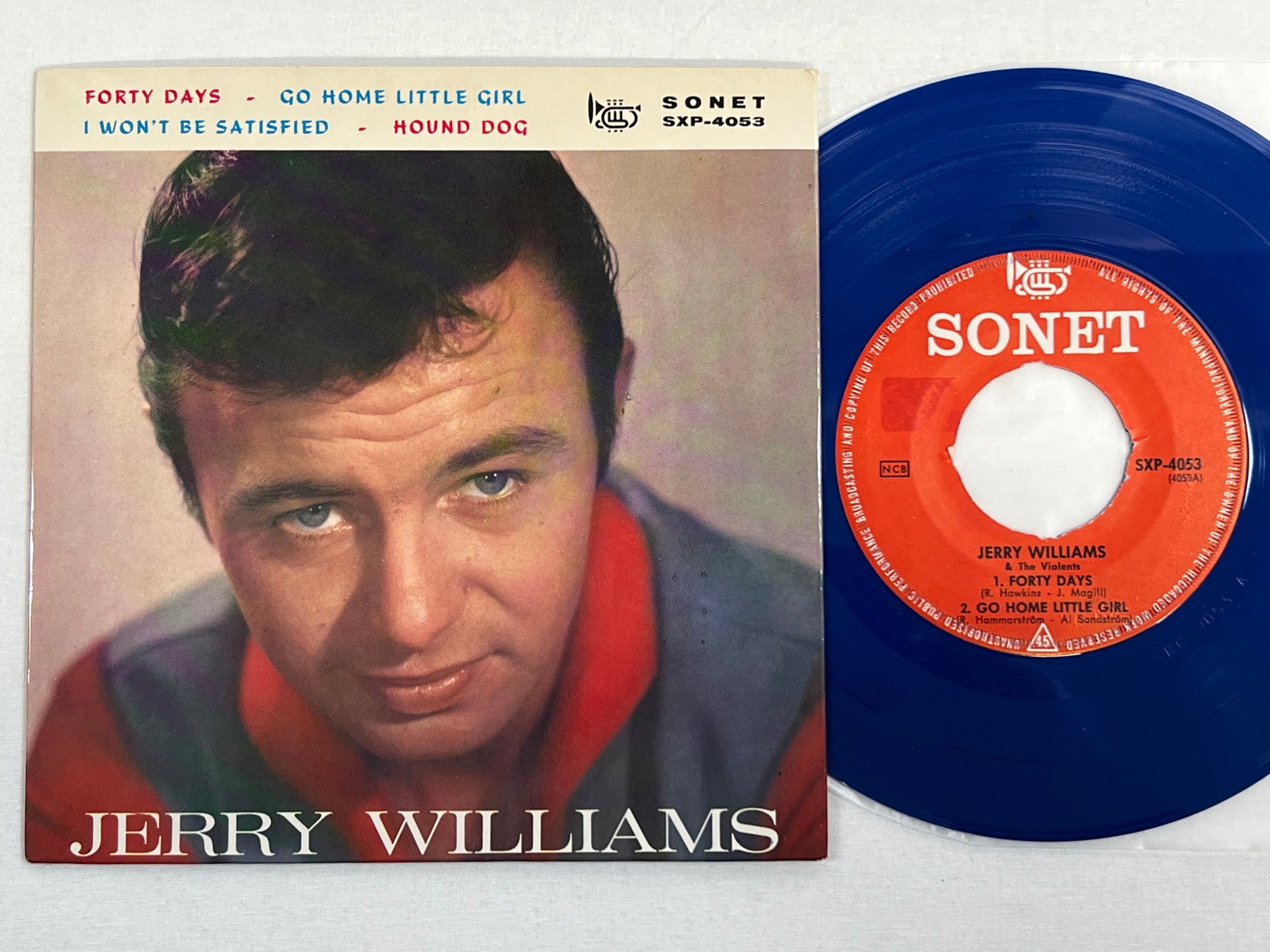 Omslagsbild för skivan JERRY WILLIAMS forty days  7"ep -63 Swe SONET SXP-4053 blue vinyl