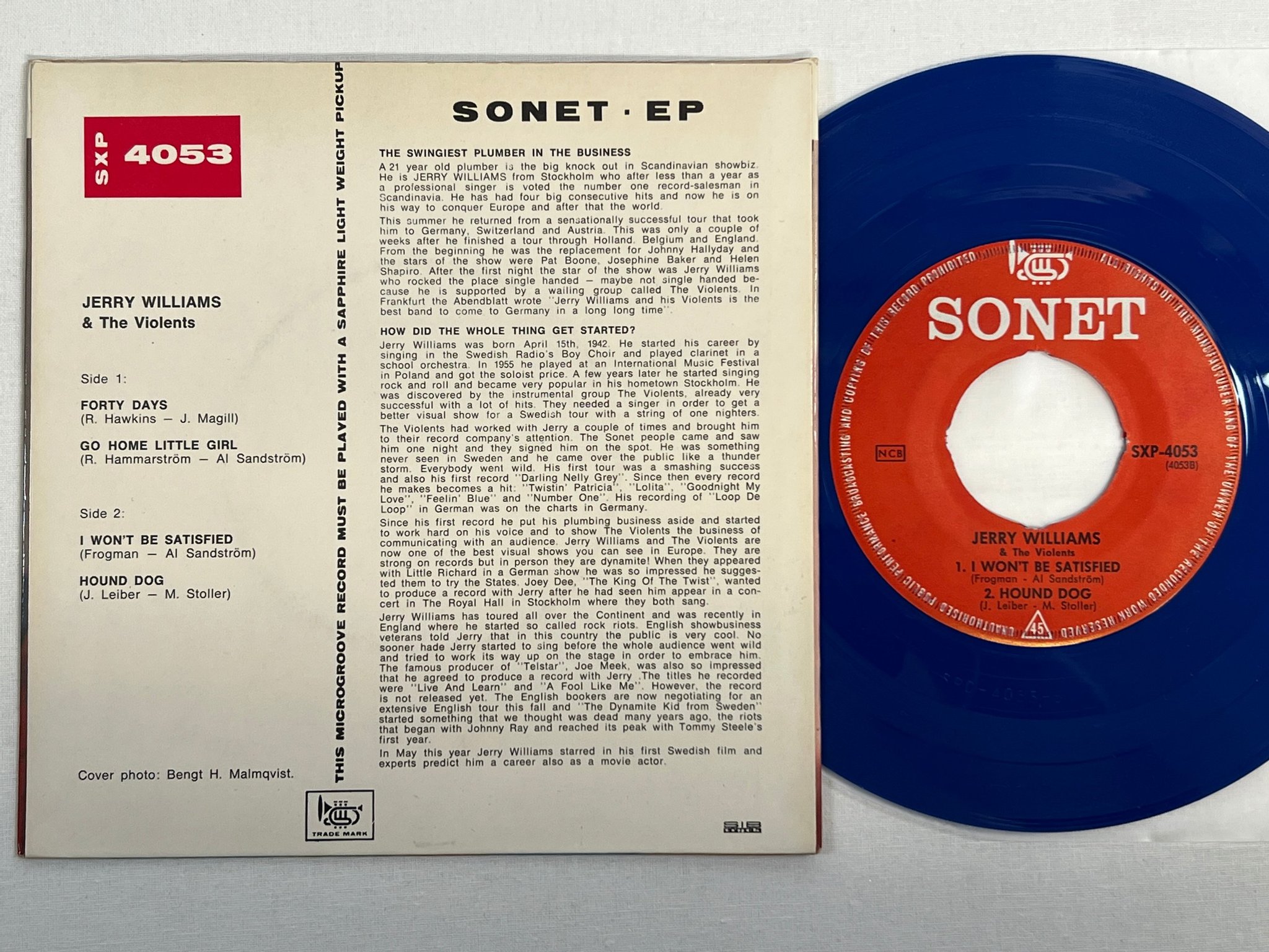 Omslagsbild för skivan JERRY WILLIAMS forty days  7"ep -63 Swe SONET SXP-4053 blue vinyl