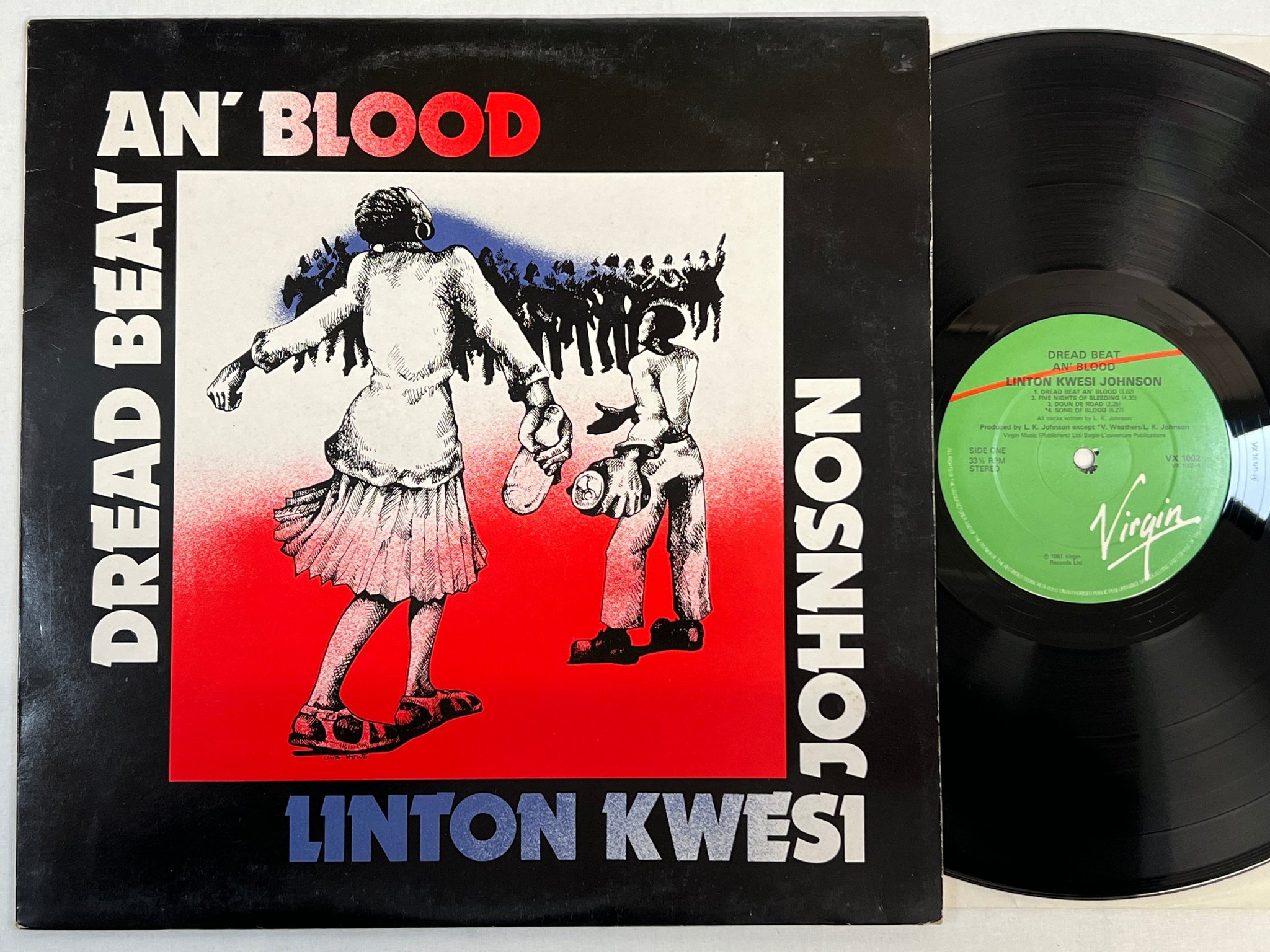 Omslagsbild för skivan LINTON KWESI JOHNSON dread beat an' blood LP -81 UK VIRGIN VX 1002
