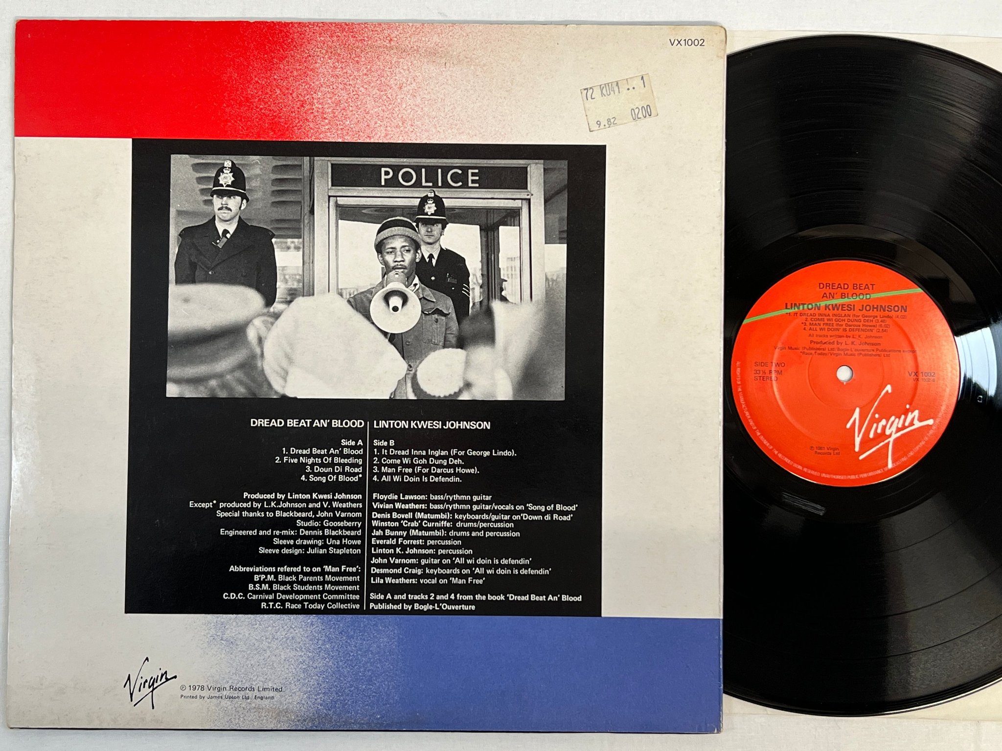 Omslagsbild för skivan LINTON KWESI JOHNSON dread beat an' blood LP -81 UK VIRGIN VX 1002
