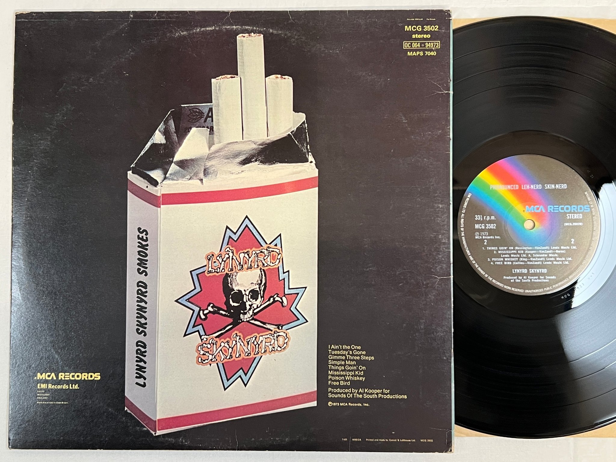Omslagsbild för skivan LYNARD SKYNARD pronounced leh-nerd skin-nerd LP -73 UK MCA MCG 3502