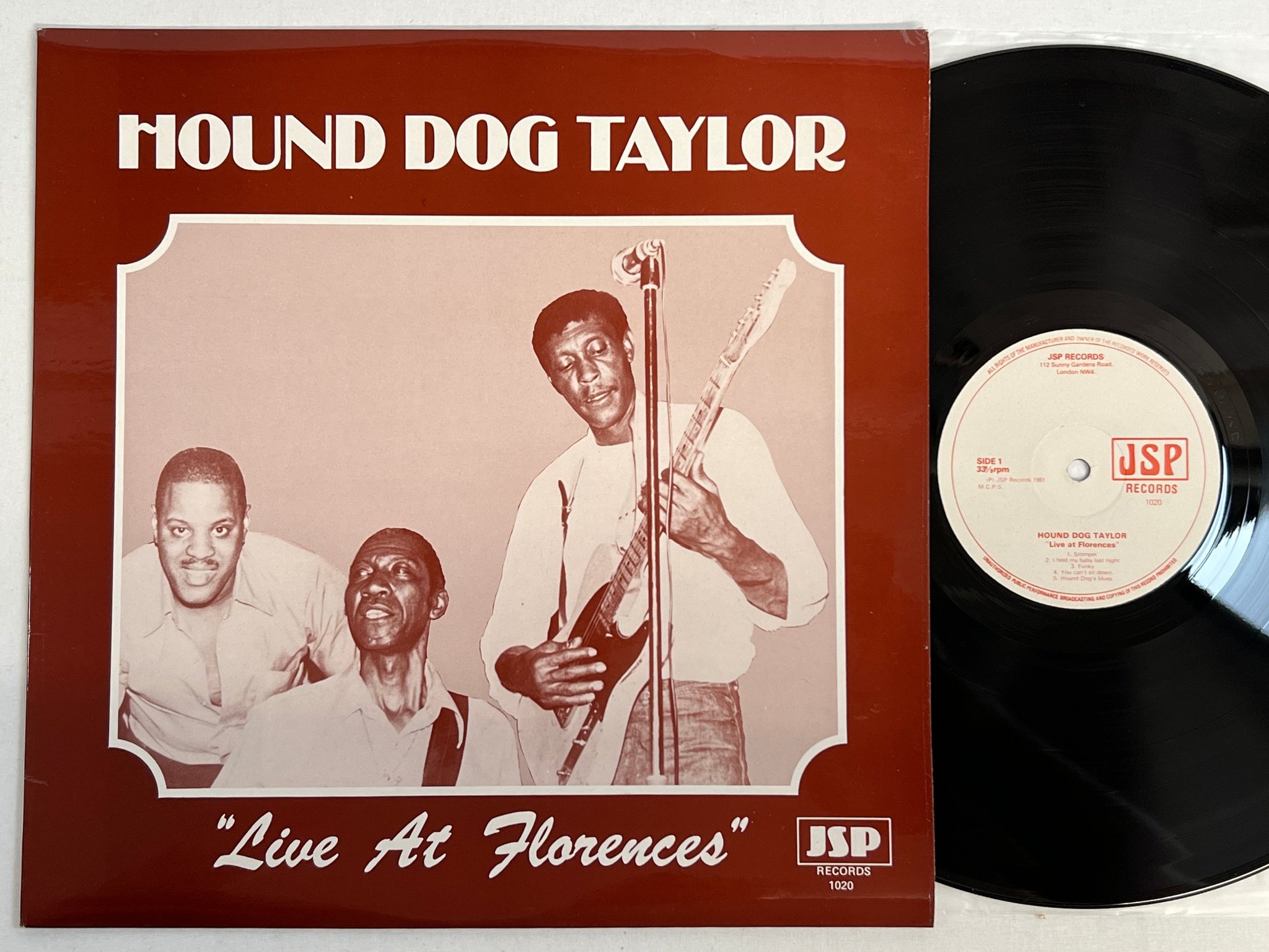 Omslagsbild för skivan HOUND DOG TAYLOR live at florences LP -81 UK JSP 1020