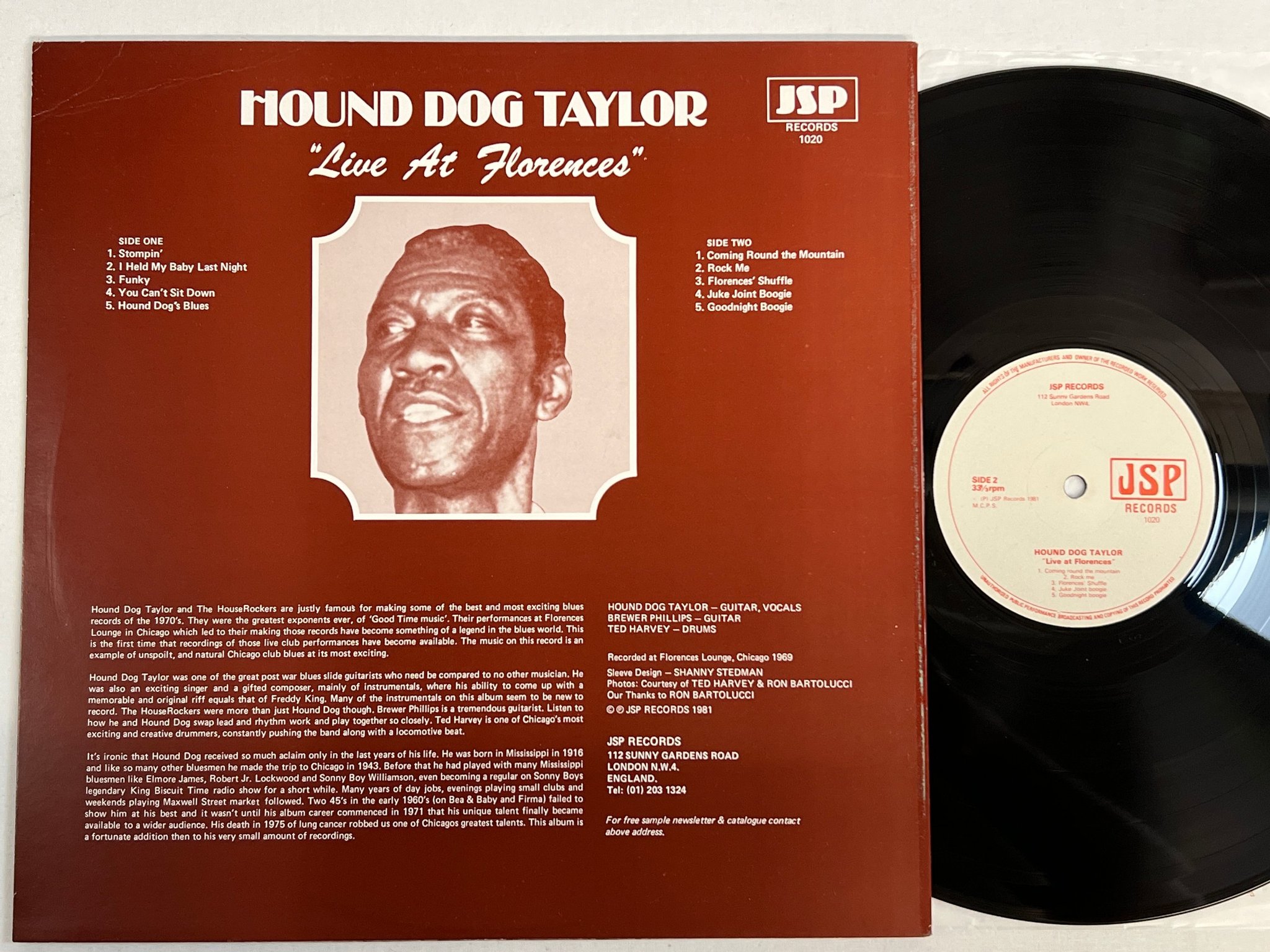 Omslagsbild för skivan HOUND DOG TAYLOR live at florences LP -81 UK JSP 1020