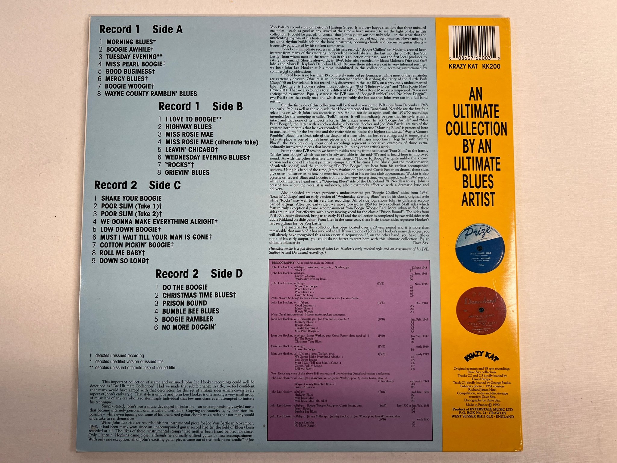 Omslagsbild för skivan JOHN LEE HOOKER boogie awhile 2xLP -90 krazy kat 200