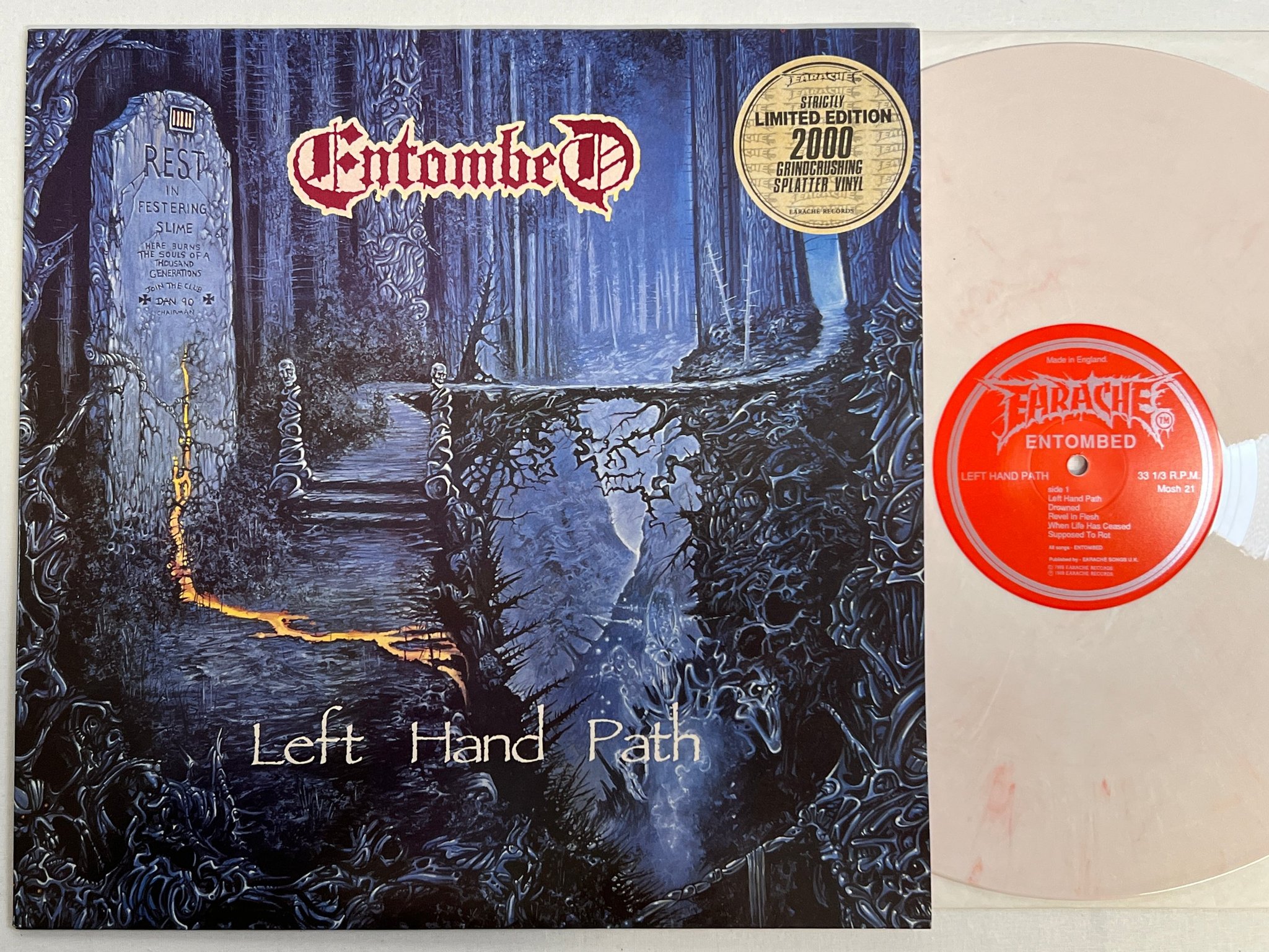 Omslagsbild för skivan ENTOMBED Left Hand Path LP -91 UK EARACHE MOSH 21 LTD Splatter 