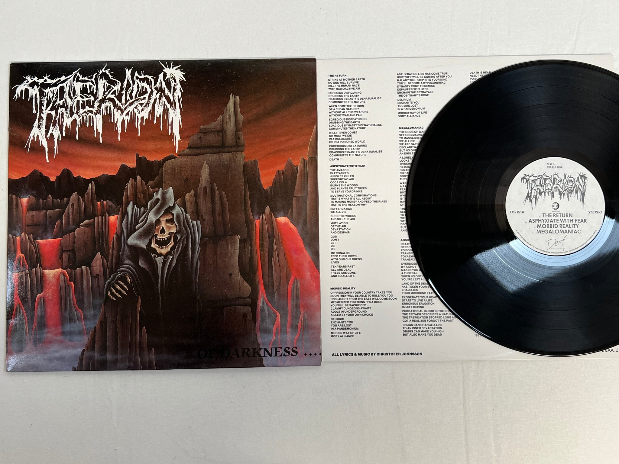 Omslagsbild för skivan THERION Of Darkness.... LP -91 UK deaf 6 ** rare death metal **
