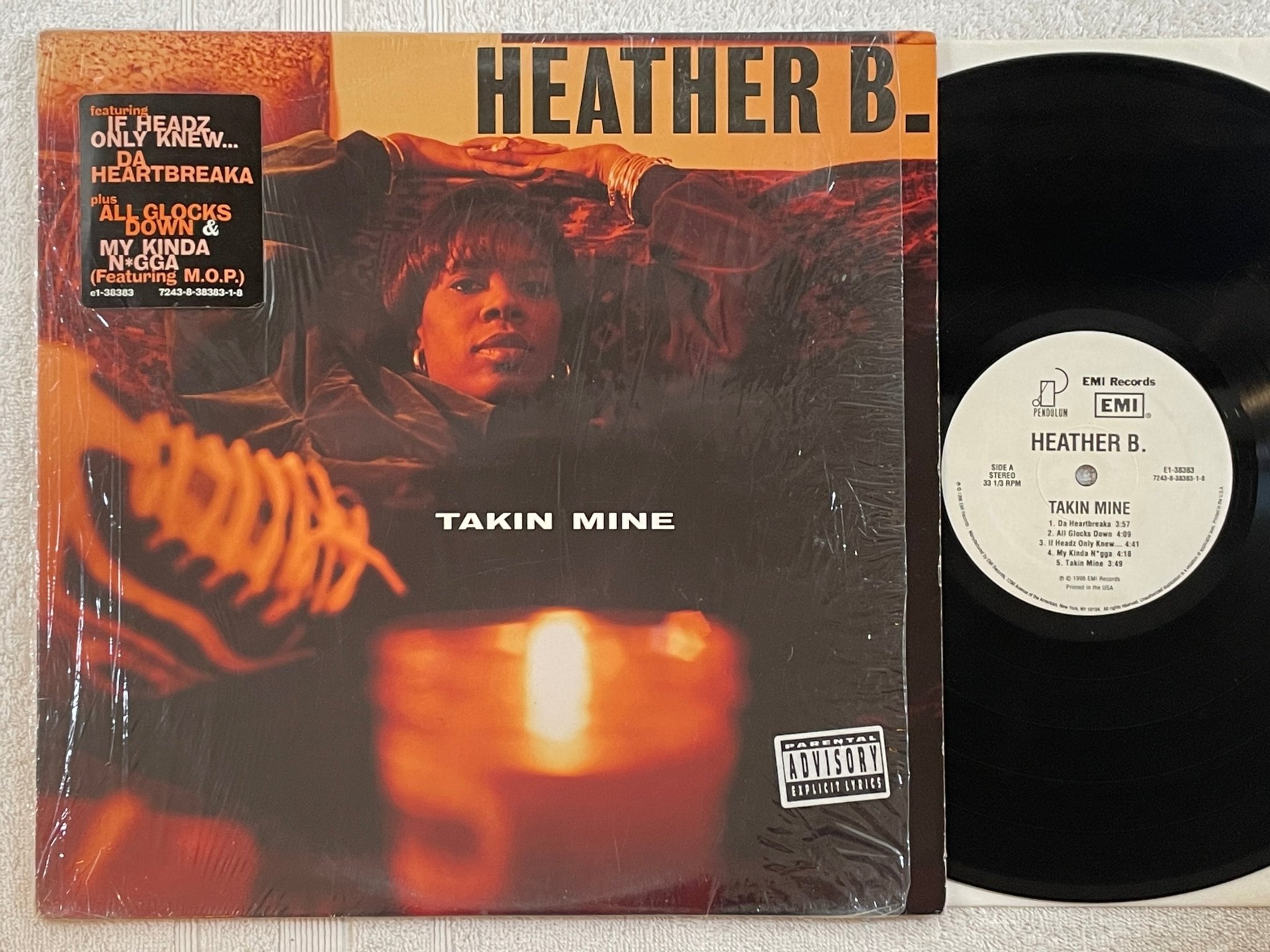 Omslagsbild för skivan HEATHER B takin mine LP -96 US EMI E1-38383 "hype sticker"