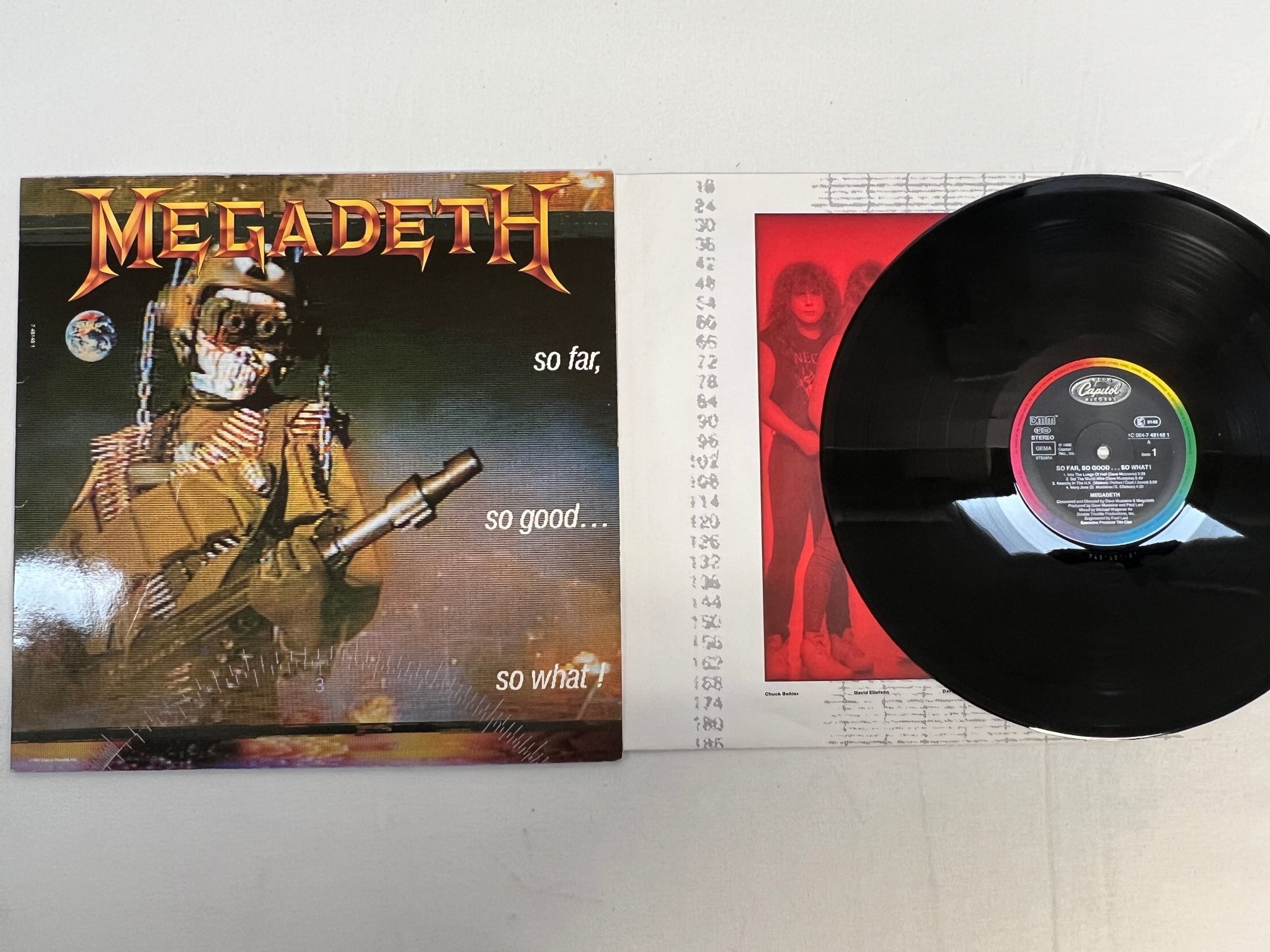 Omslagsbild för skivan MEGADETH so far so good ... so what LP -88 CAPITOL 1C 064-7 48148 1