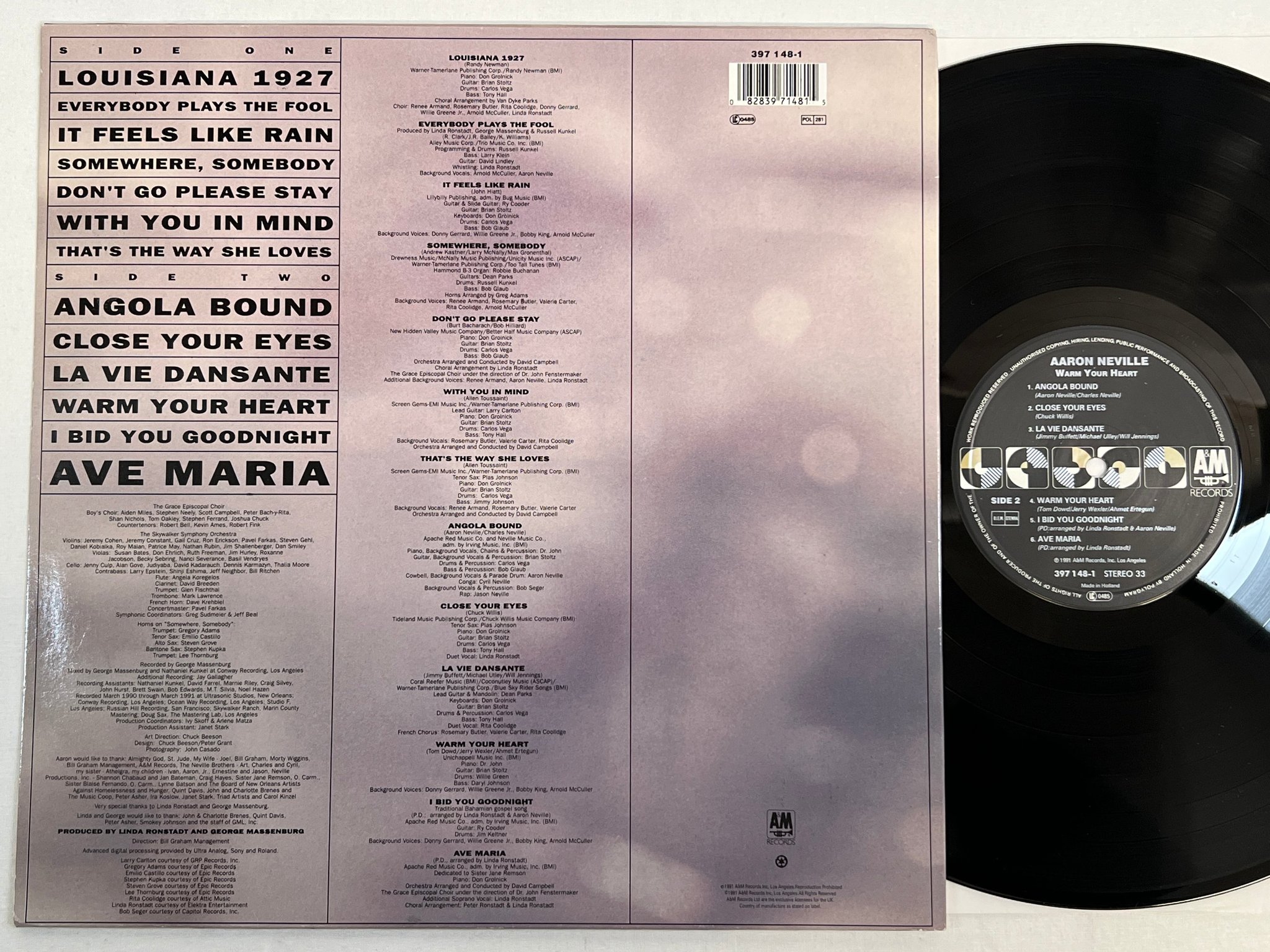 Omslagsbild för skivan AARON NEVILLE warm your heart LP -91 Hol A&M 397148-1 audiophile 