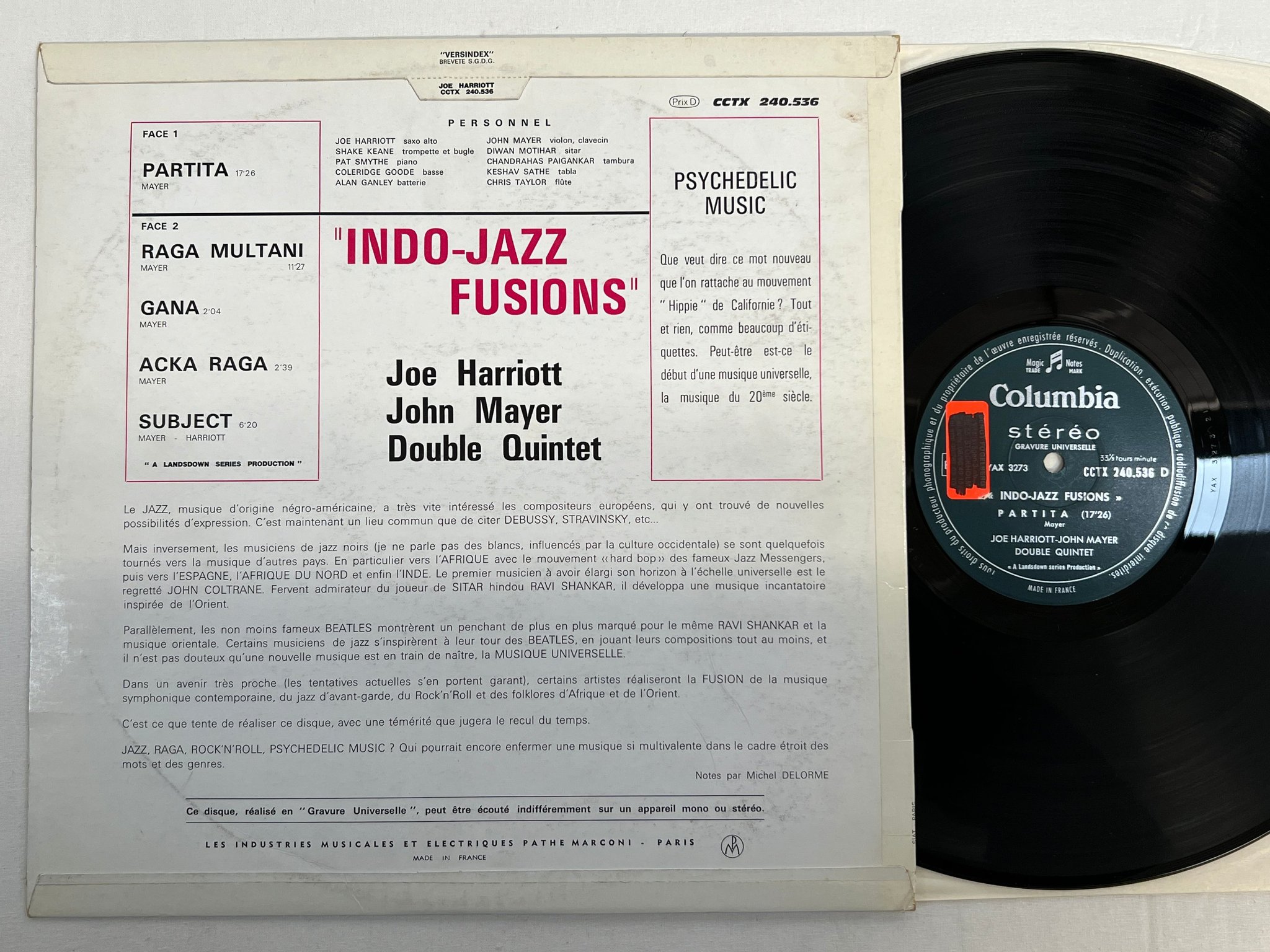 Omslagsbild för skivan JOE HARRIOTT - JOHN MAYER DOUBLE QUINETT indo-jazz fusions LP Fra  COLUMBIA CCTX