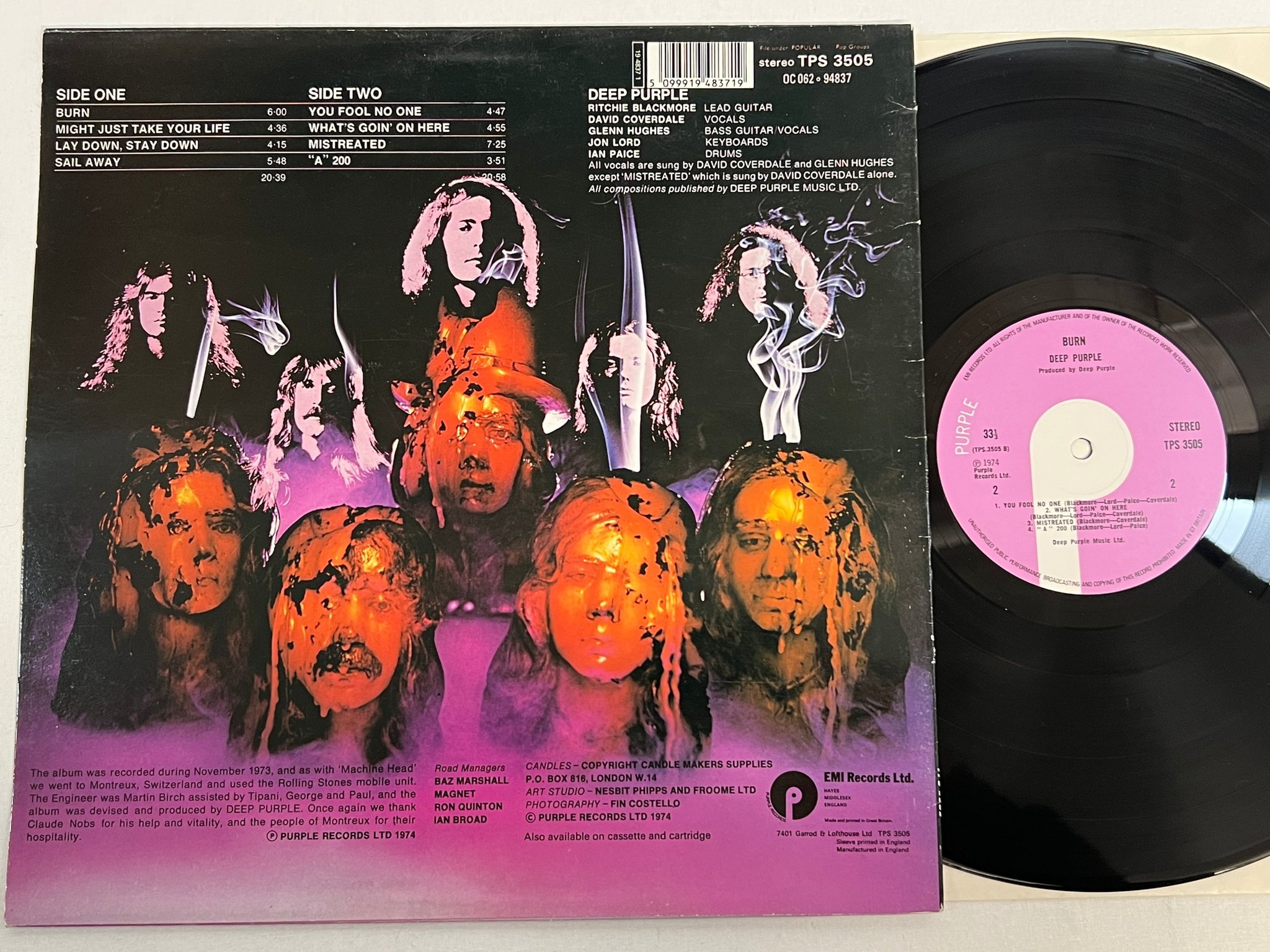 Omslagsbild för skivan DEEP PURPLE burn LP -74 UK PURPLE TPS 3505  