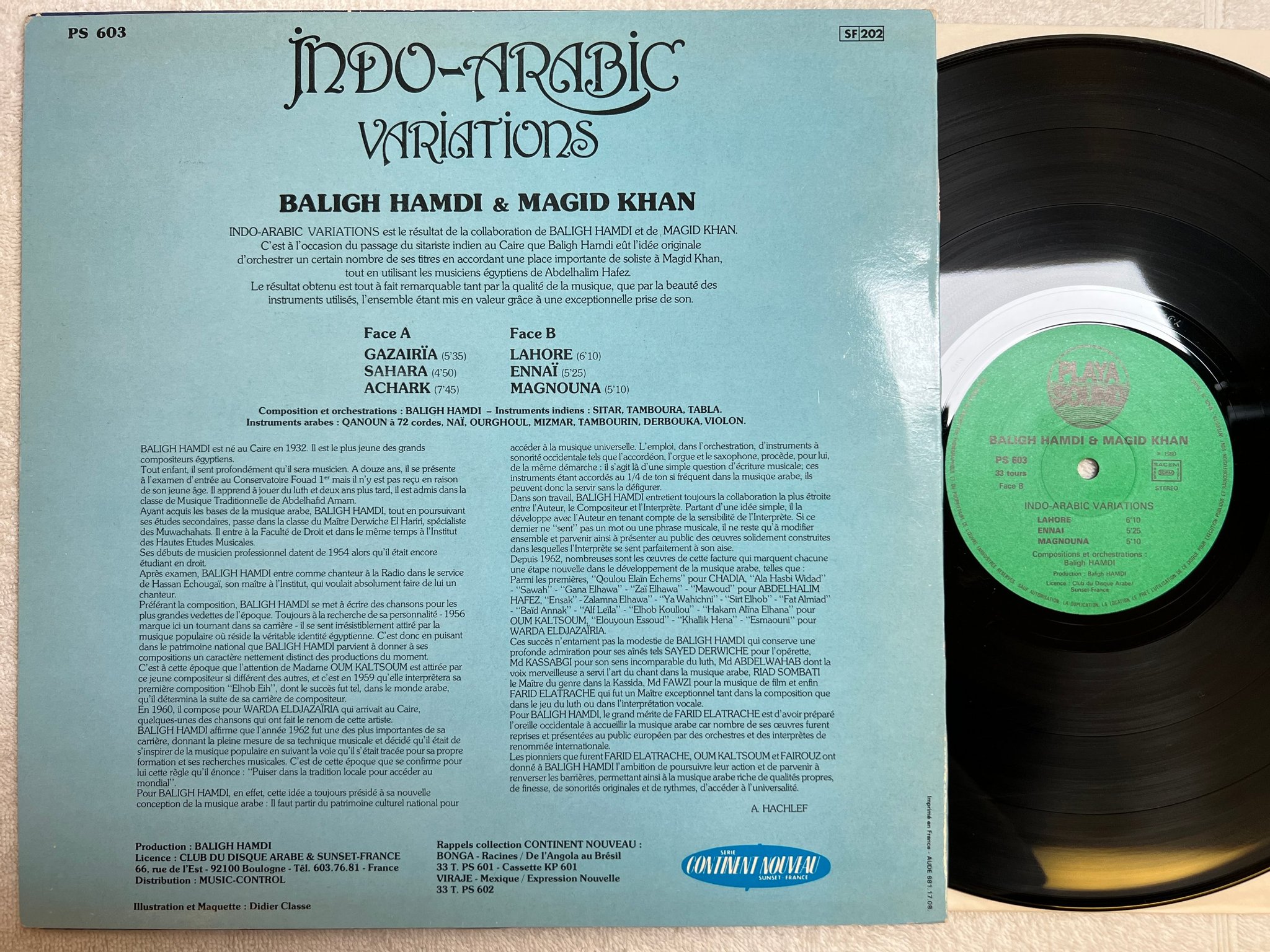 Omslagsbild för skivan BALIGH HAMDI & MAGID KHAN indo-arabic variations LP -80 Fra PLAYA SOUND PS 603