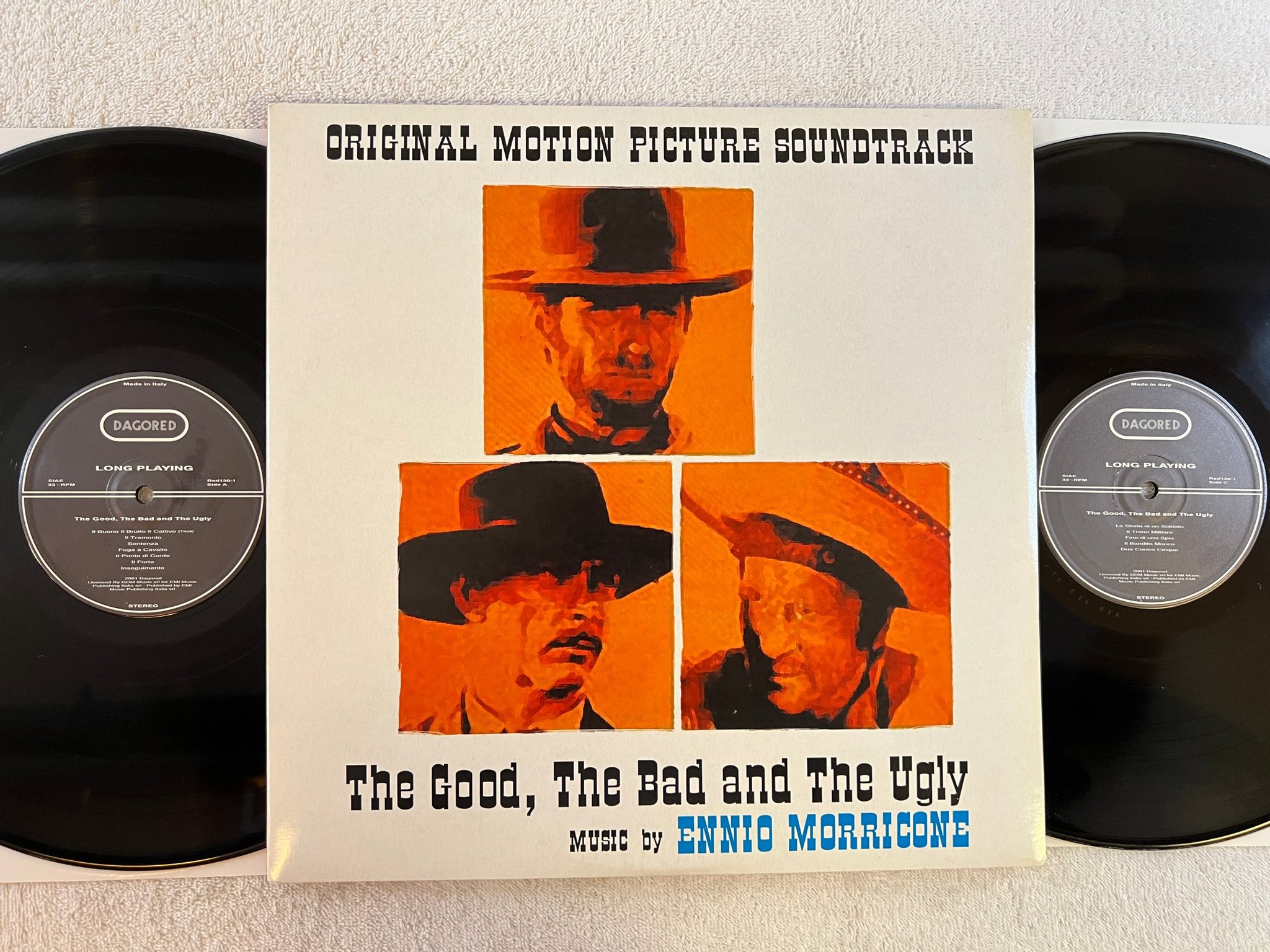 Omslagsbild för skivan ENNIO MORRICONE The Good, The Bad And The Ugly 2xLP 2001 Ita DAGORED RED 130-1?