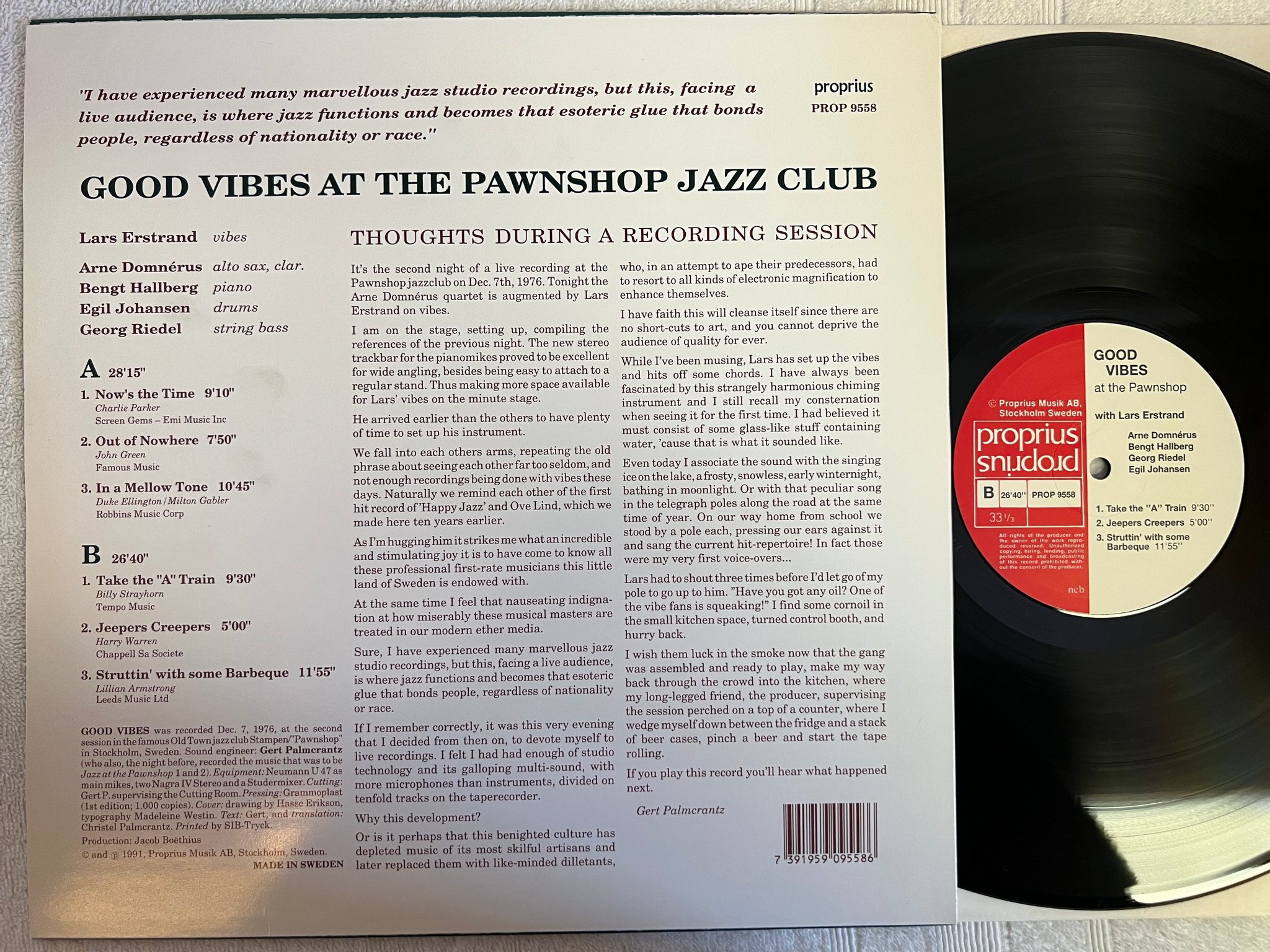 Omslagsbild för skivan ARNE DOMNERUS good vibes at the pawnshop  LP -91 Swe PROPRIUS PROP 9558