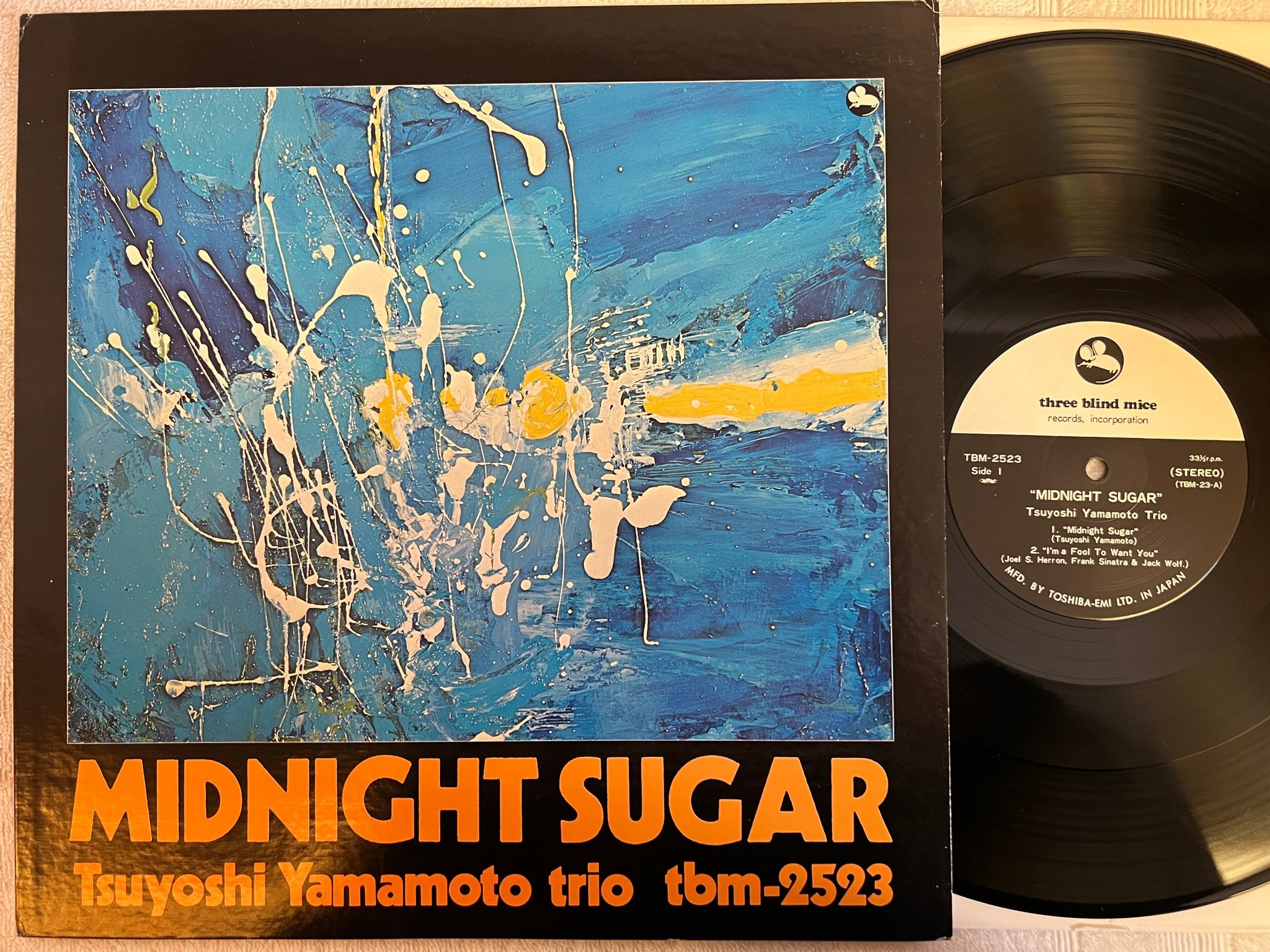 Omslagsbild för skivan TSUYOSHI YAMAMOTO TRIO midnight sugar LP -74/77 Japan THREE BLIND MICE TBM 2523