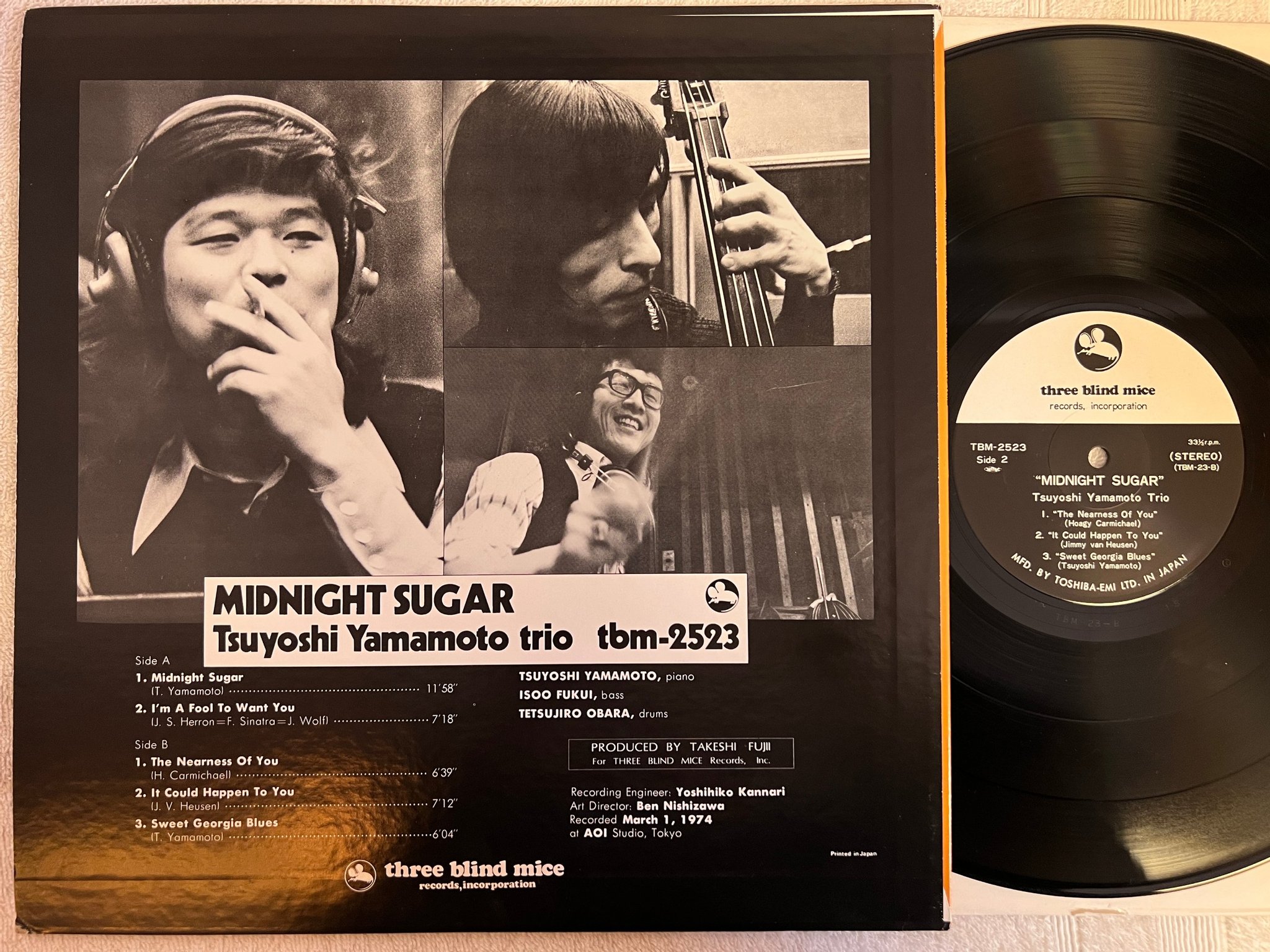 Omslagsbild för skivan TSUYOSHI YAMAMOTO TRIO midnight sugar LP -74/77 Japan THREE BLIND MICE TBM 2523