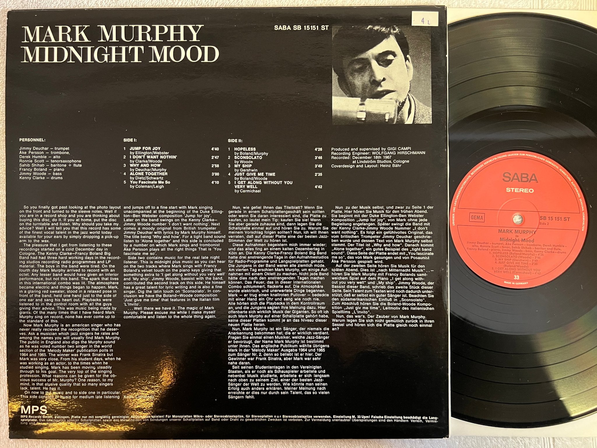 Omslagsbild för skivan MARK MURPHY in midnight mood LP -68 Ger SABA SB 15 151 ST soul-jazz 