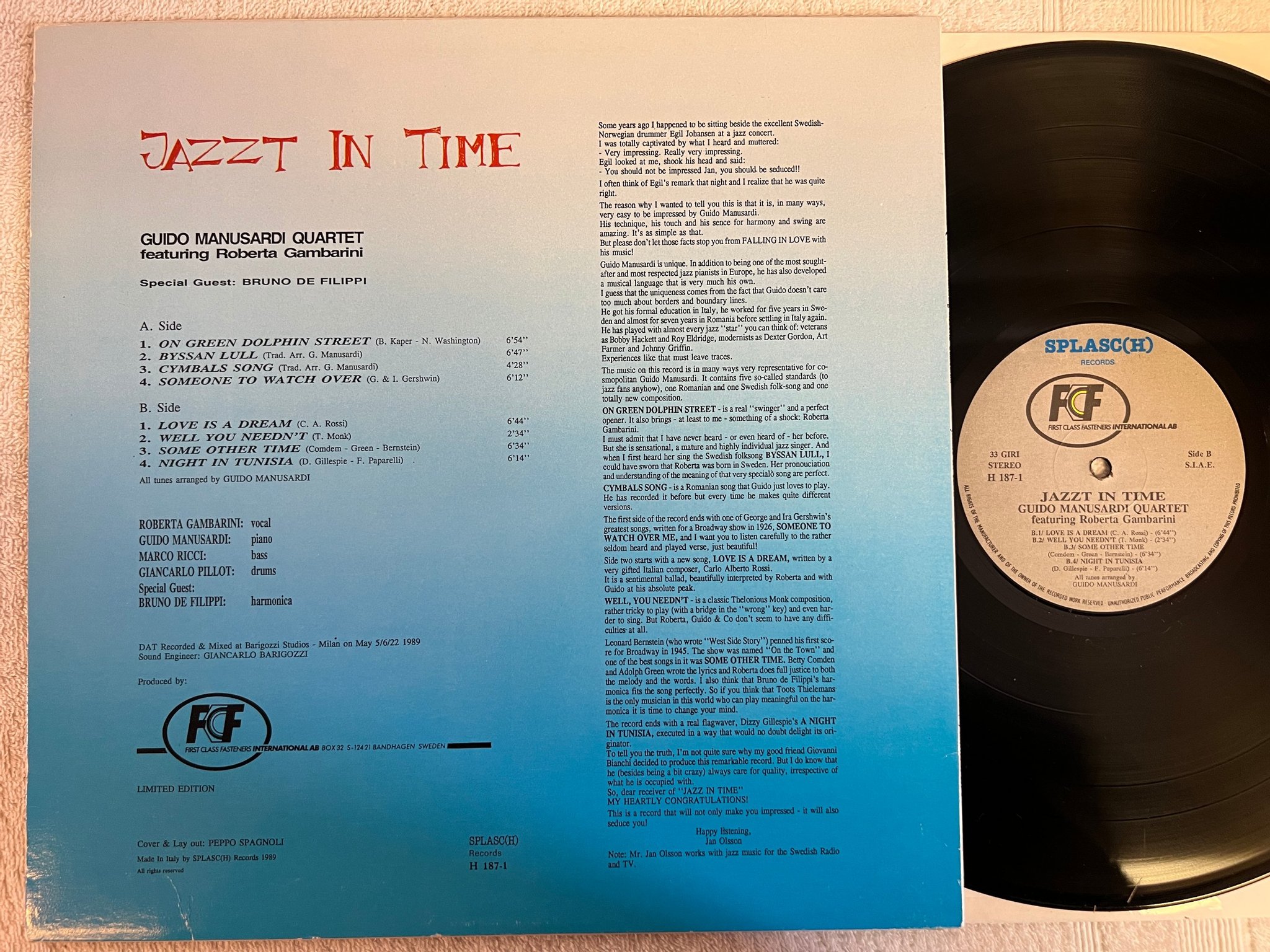 Omslagsbild för skivan GUIDO MANUSARDI QUARTET jazzt in time LP -89 Ita SPLASC(H) H 187-1