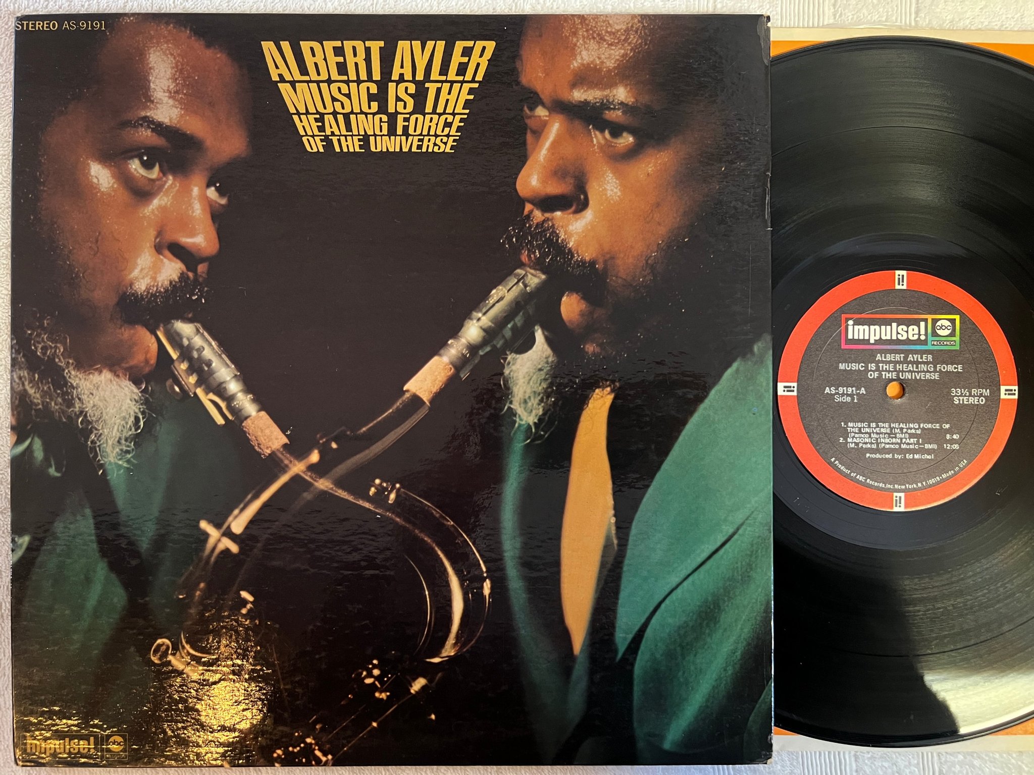 Omslagsbild för skivan ALBERT AYLER music is the healing force.. LP -70 US IMPULSE AS-9191 soul-jazz
