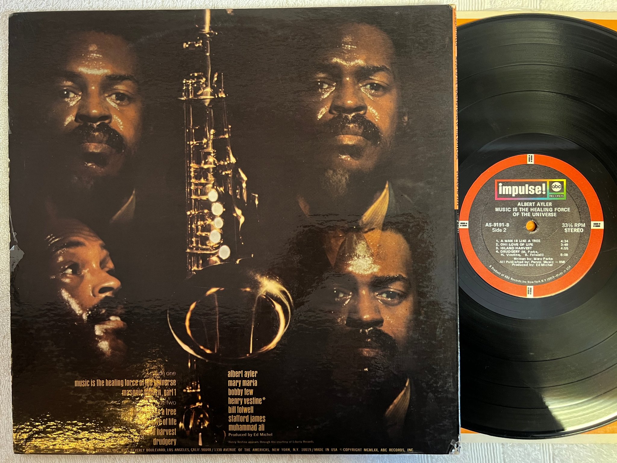 Omslagsbild för skivan ALBERT AYLER music is the healing force.. LP -70 US IMPULSE AS-9191 soul-jazz