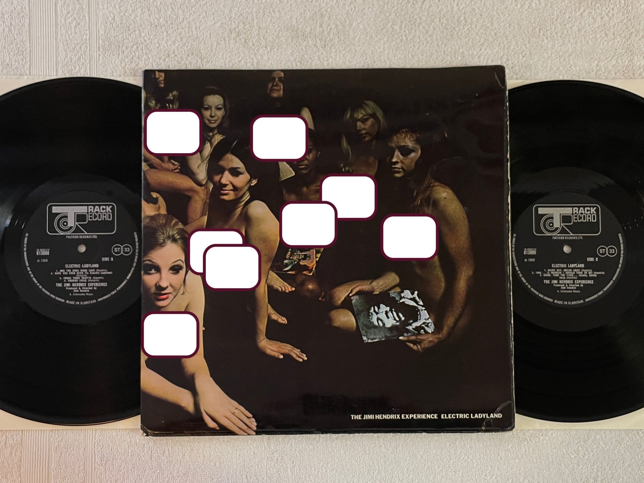 Omslagsbild för skivan JIMI HENDRIX EXPERIENCE electric ladyland 2xLP -68 UK TRACK 613008 "white text" 