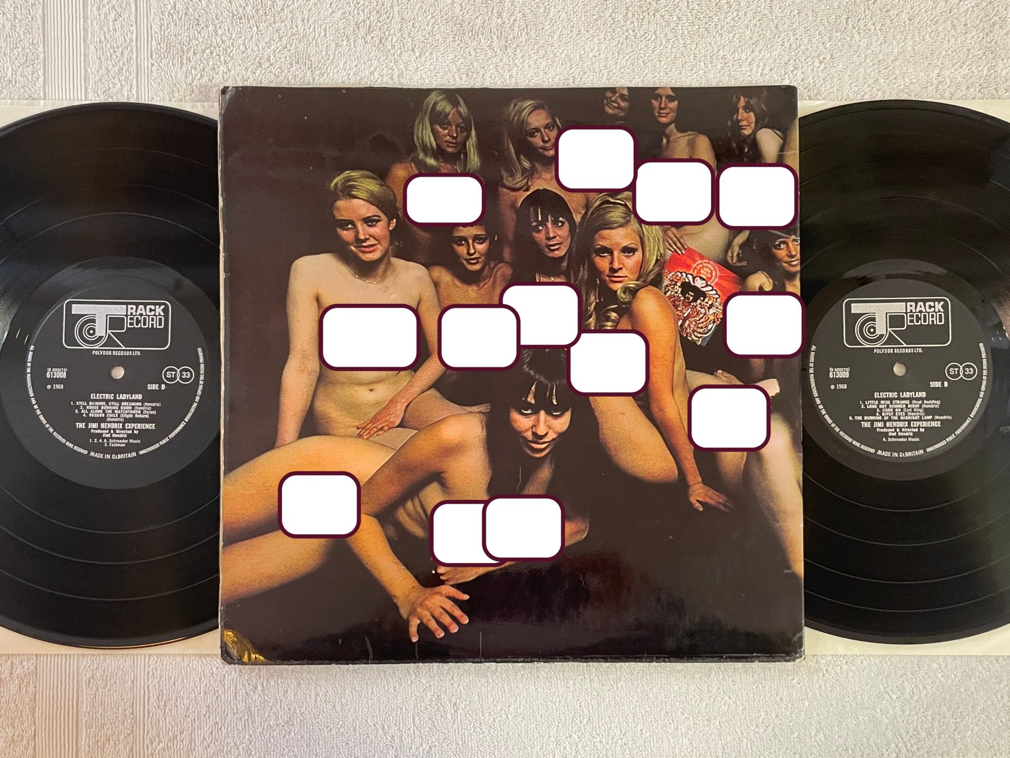 Omslagsbild för skivan JIMI HENDRIX EXPERIENCE electric ladyland 2xLP -68 UK TRACK 613008 "white text" 