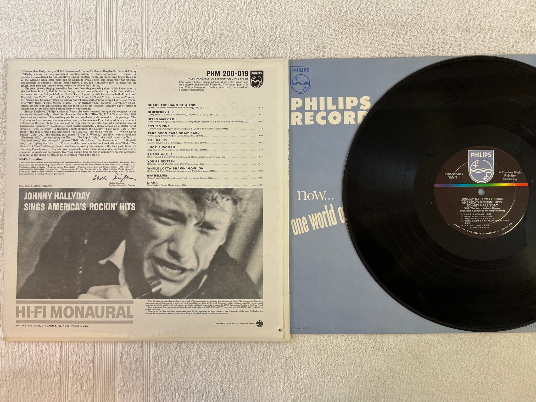 Omslagsbild för skivan JOHNNY HALLYDAY sings america's rockin' hits LP -62 US PHILIPS PHM 200-019 rare