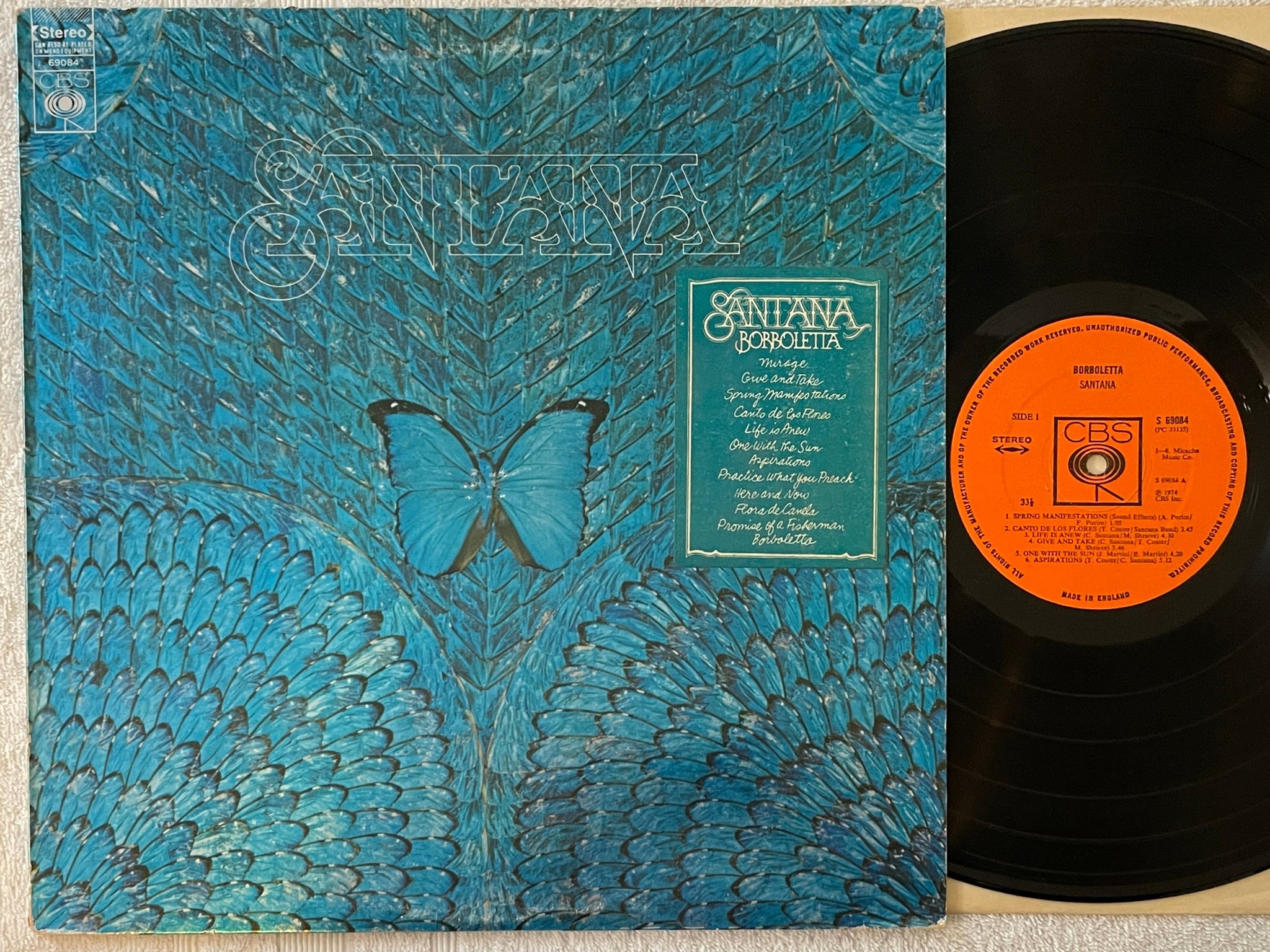 Omslagsbild för skivan SANTANA borboletta LP -74 UK CBS S 69084  ** groovy album **