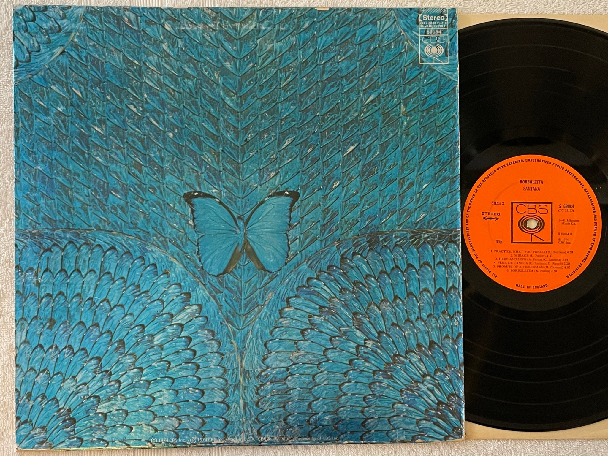 Omslagsbild för skivan SANTANA borboletta LP -74 UK CBS S 69084  ** groovy album **