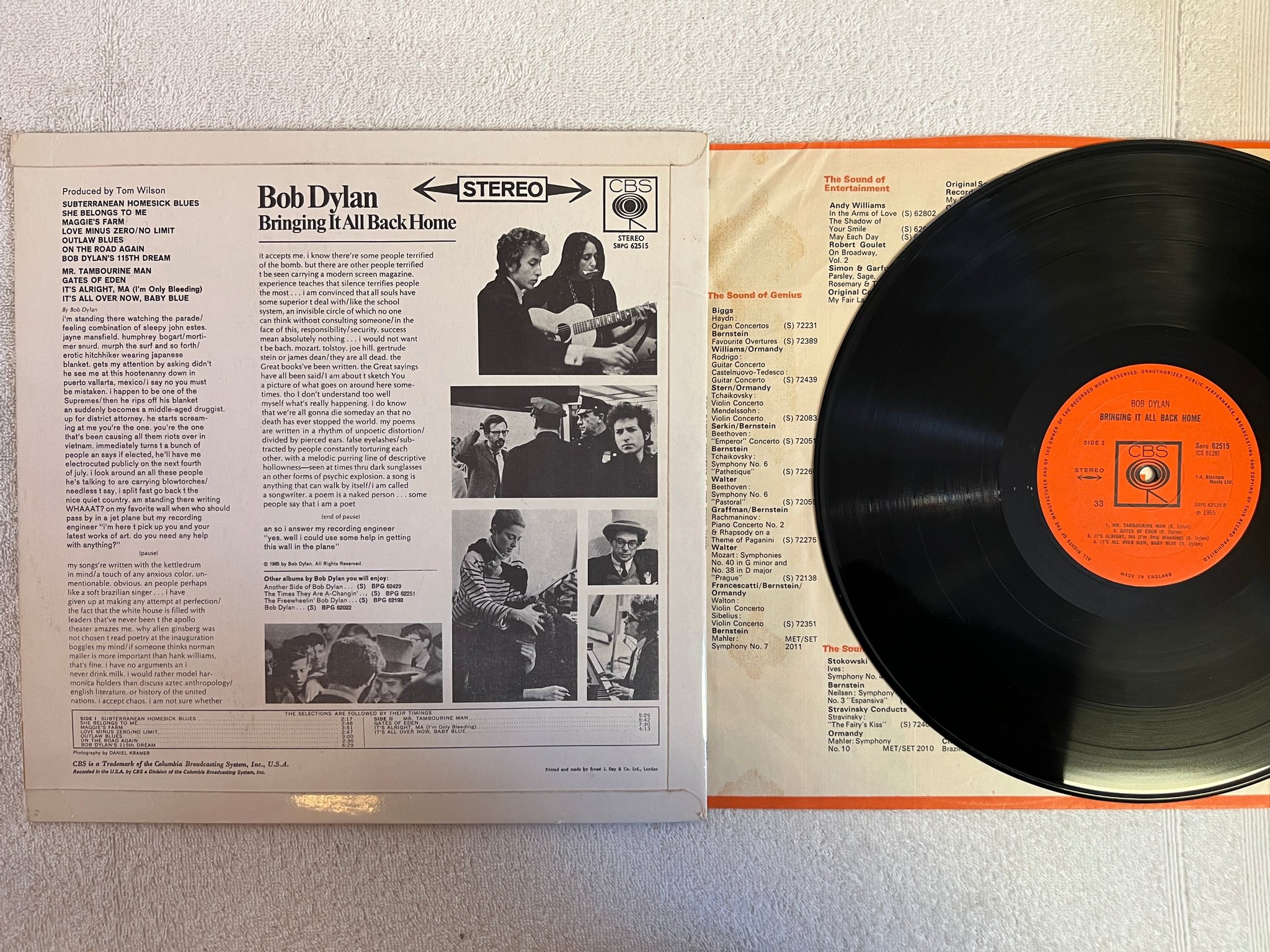 Omslagsbild för skivan BOB DYLAN bringing it all back home LP -65 UK CBS SBPG 62515 "33" on labels 