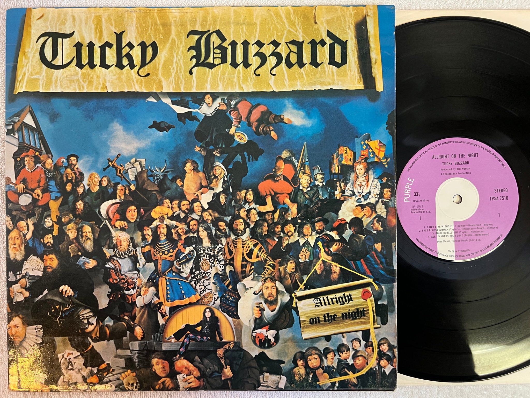 Omslagsbild för skivan TUCKY BUZZARD allright on the night LP -73 UK PURPLE TPSA 7510