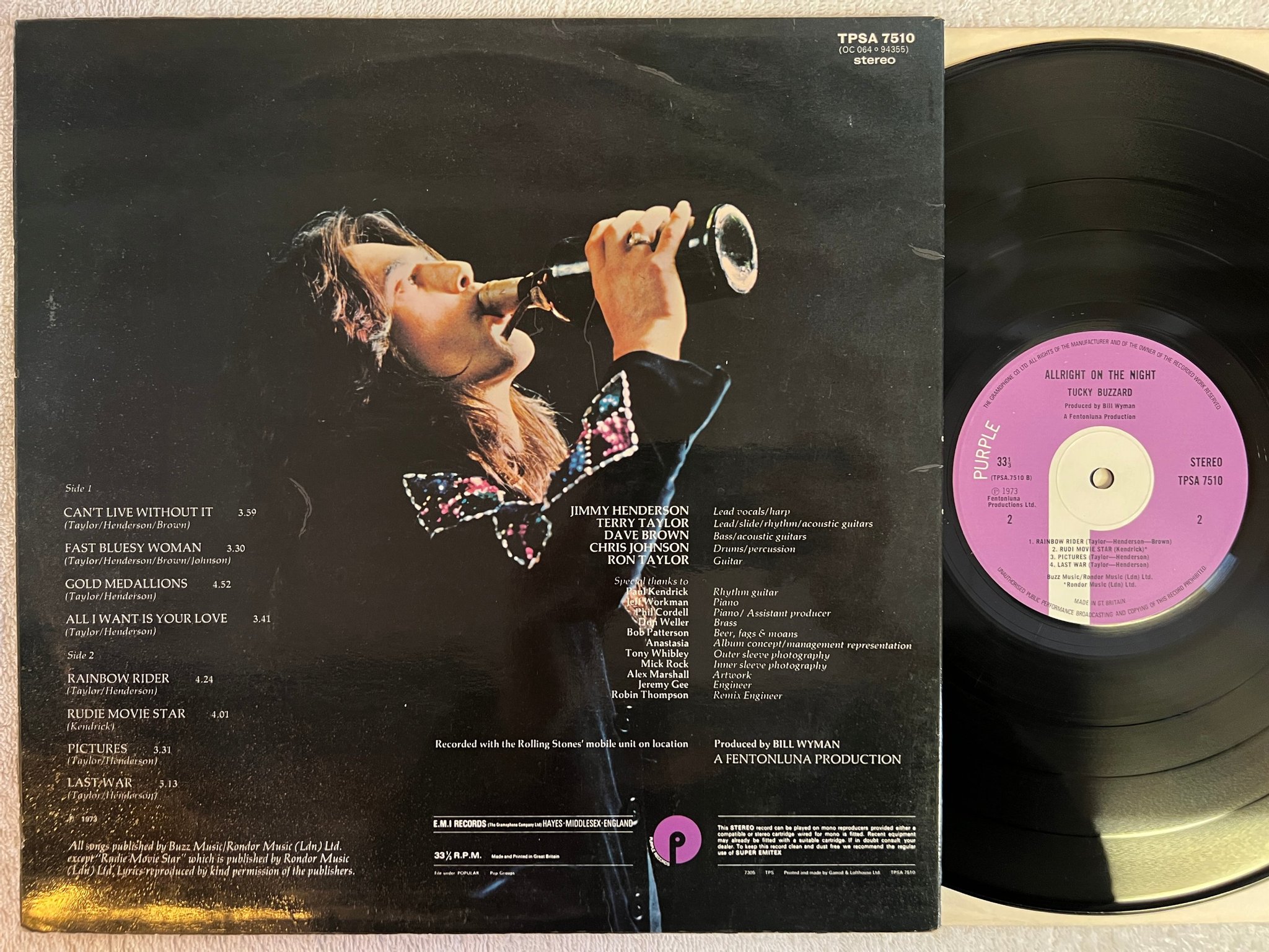 Omslagsbild för skivan TUCKY BUZZARD allright on the night LP -73 UK PURPLE TPSA 7510