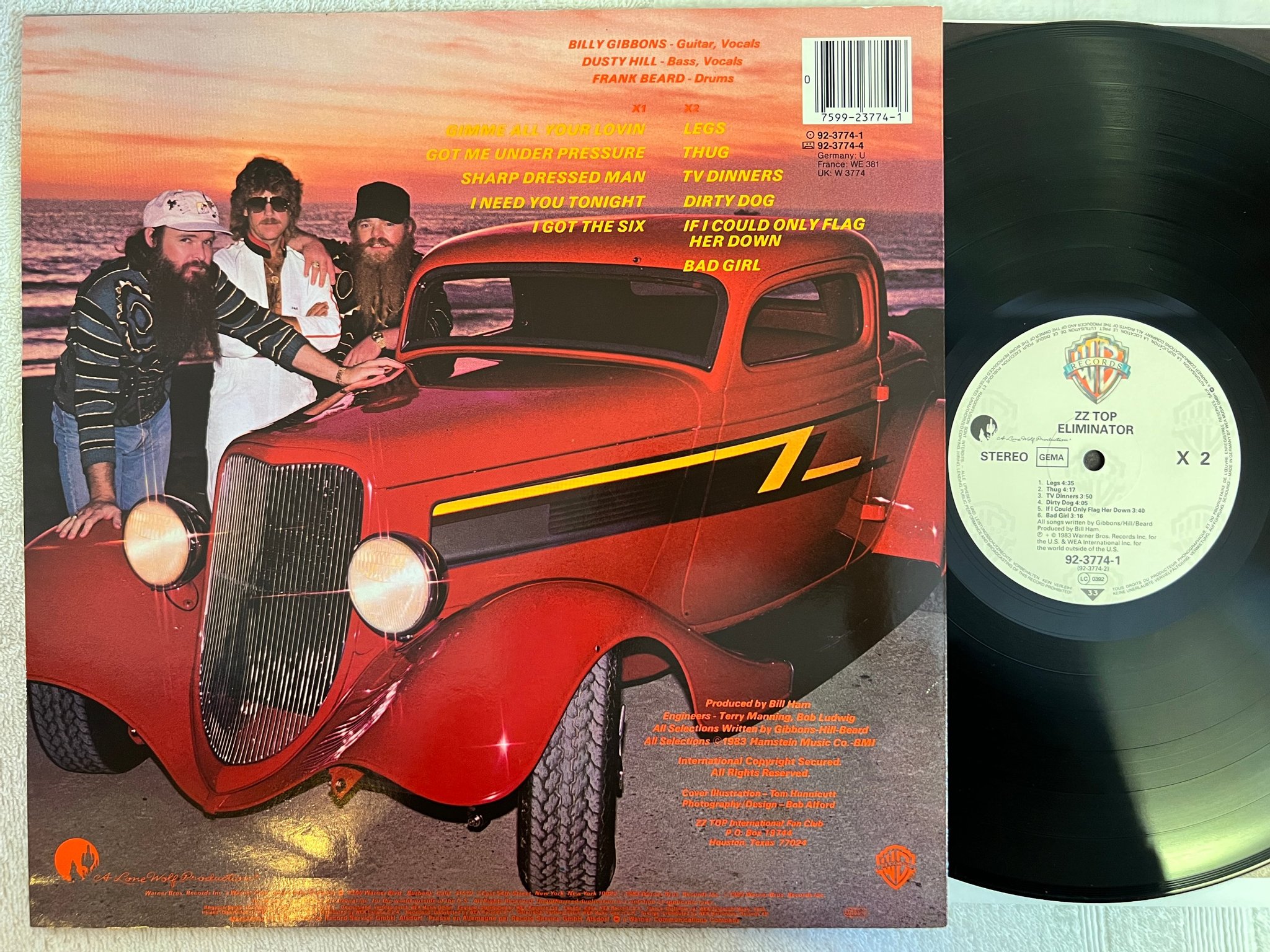 Omslagsbild för skivan ZZ TOP eliminator LP -83 Ger WARNER BROS 92-3774-1