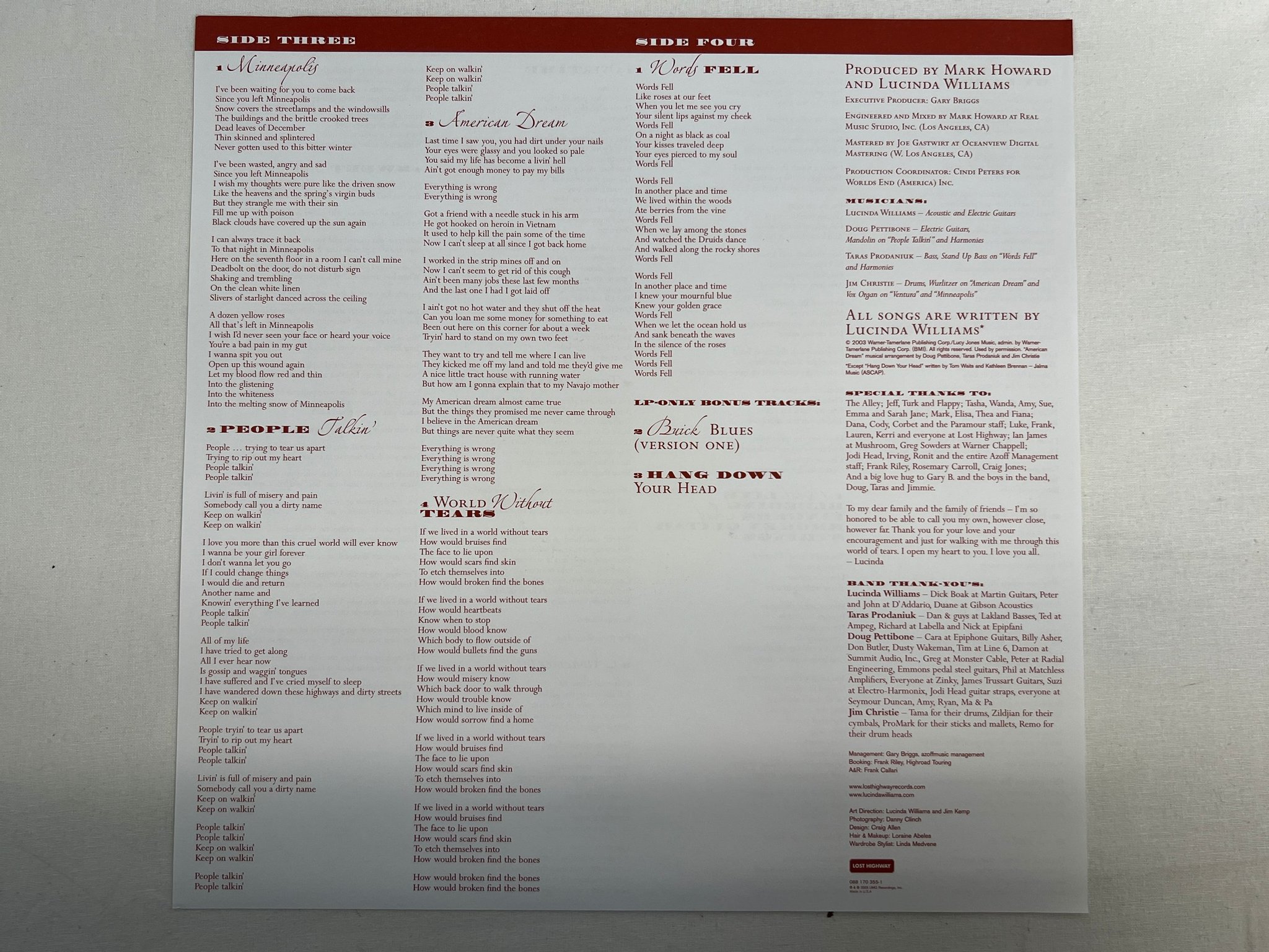 Omslagsbild för skivan LUCINDA WILLIAMS World Without Tears 2xLP 2003 US LOST HIGHWAY 088 170 355-1