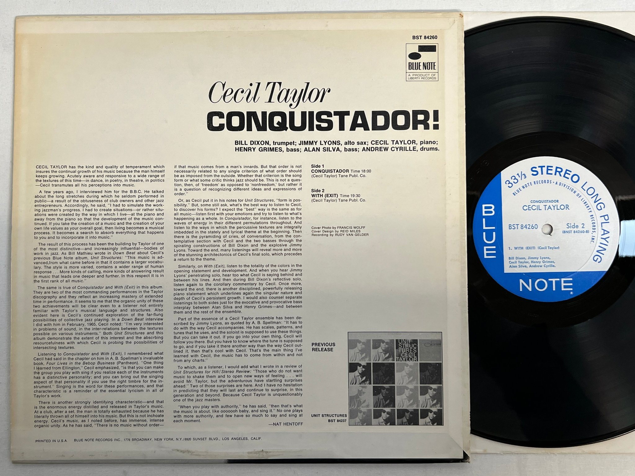 Omslagsbild för skivan CECIL TAYLOR Conquistador! LP -68 US BLUE NOTE BST 84260 Liberty press