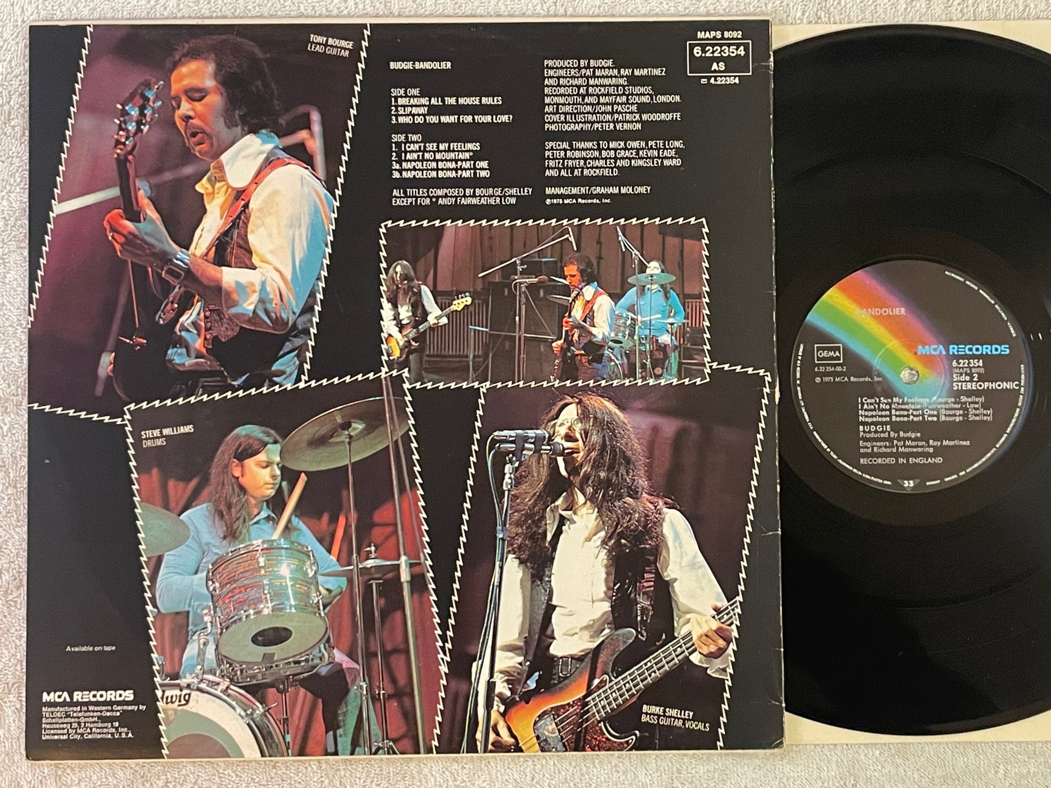 Omslagsbild för skivan BUDGIE bandolier LP -75 Ger MCA 6.22.354	