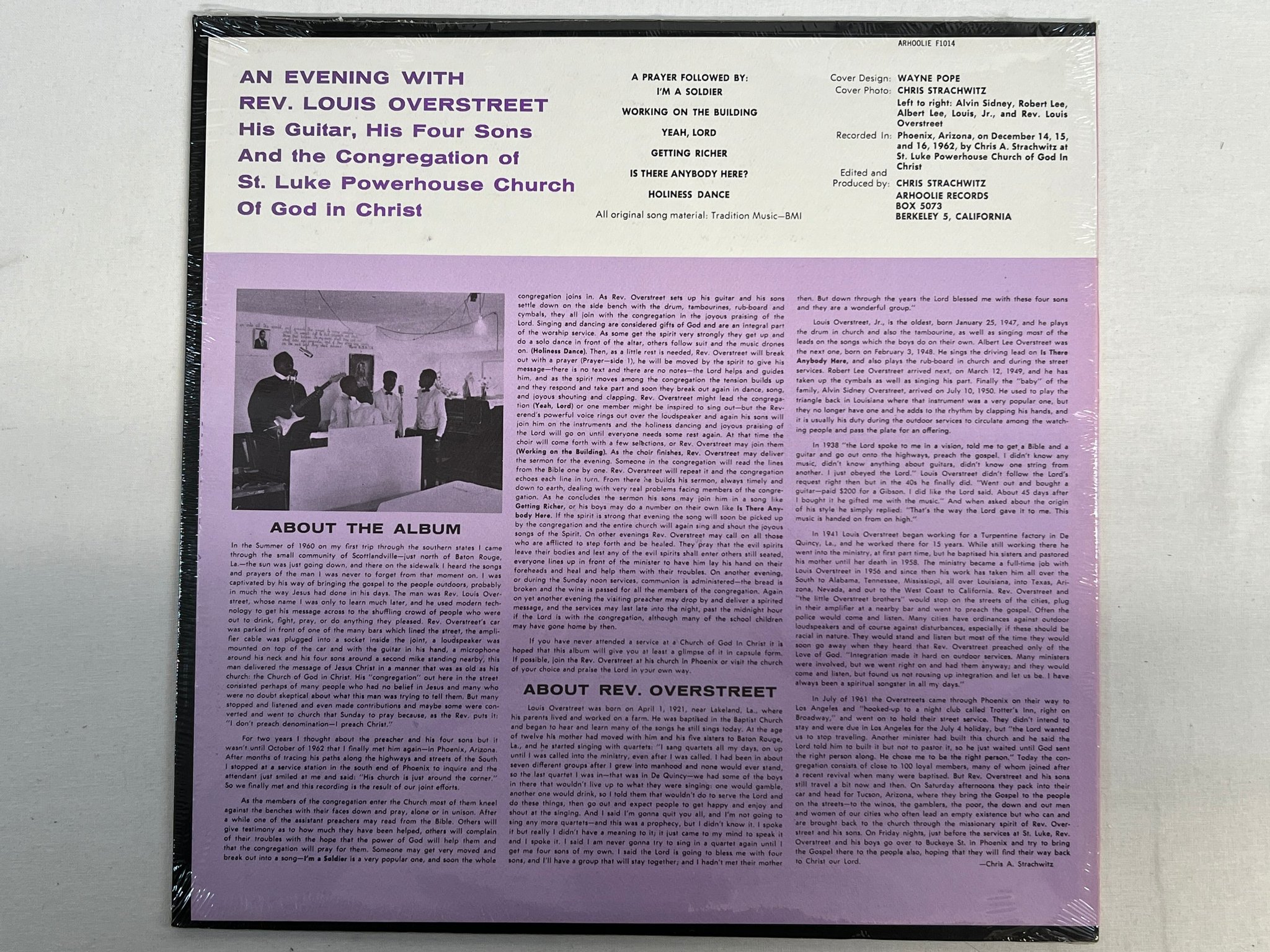 Omslagsbild för skivan REV LOUIS OVERSTREET an evening with LP -63 US ARHOOLIE F1014 gospel