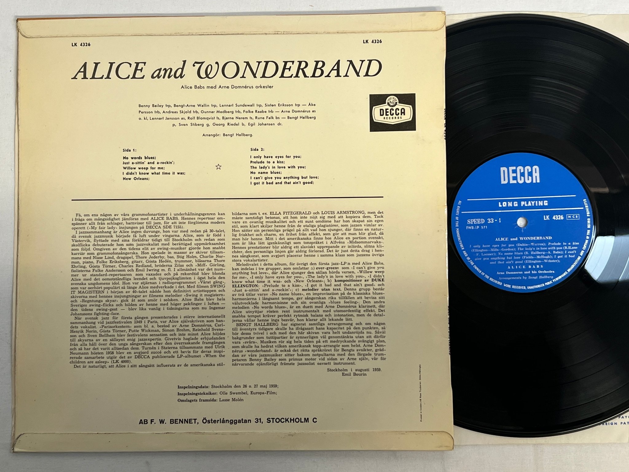 Omslagsbild för skivan ALICE BABS Alice and Wonderband LP -59 Swe DECCA LK 4326 topp ex!!