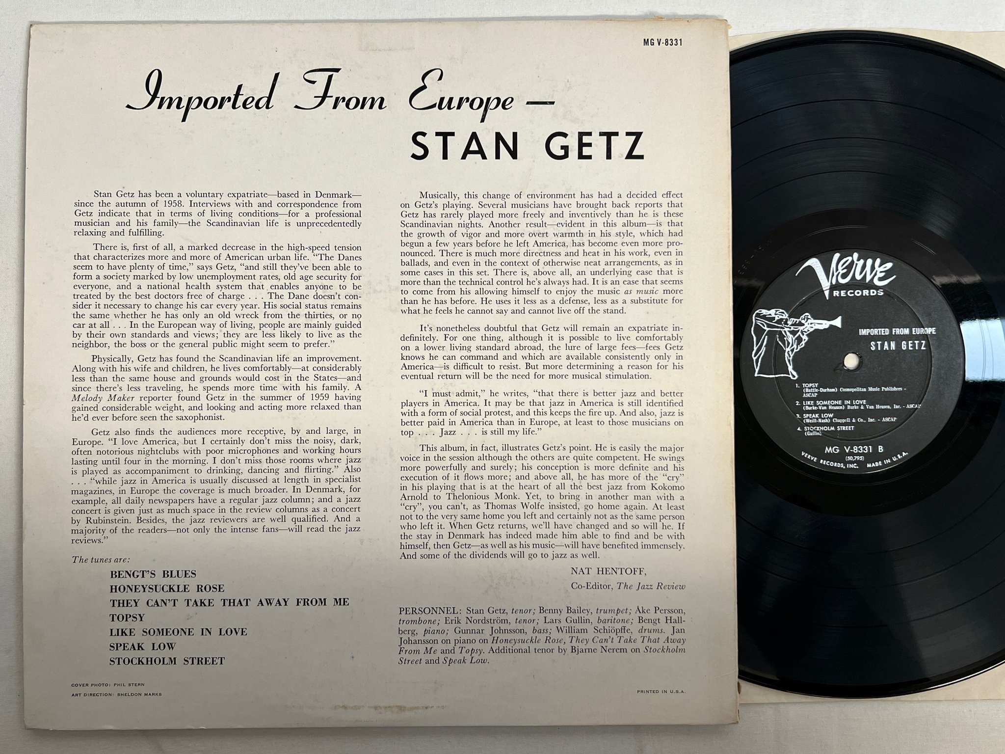 Omslagsbild för skivan STAN GETZ imported from Europe LP -59 US VERVE MG V-8331