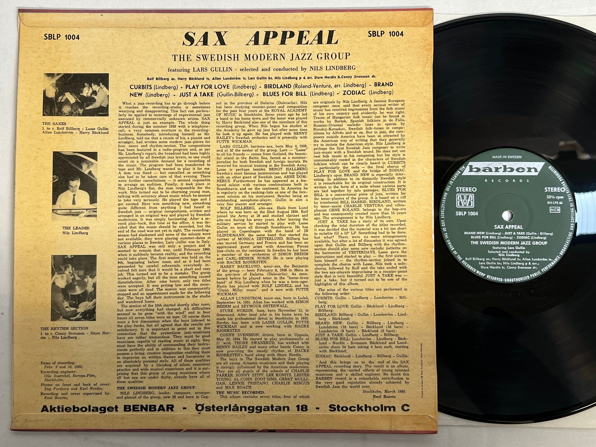 Omslagsbild för skivan THE SWEDISH MODERN JAZZ GROUP sax appeal LP -60 BARBEN ** mega rare stereo **