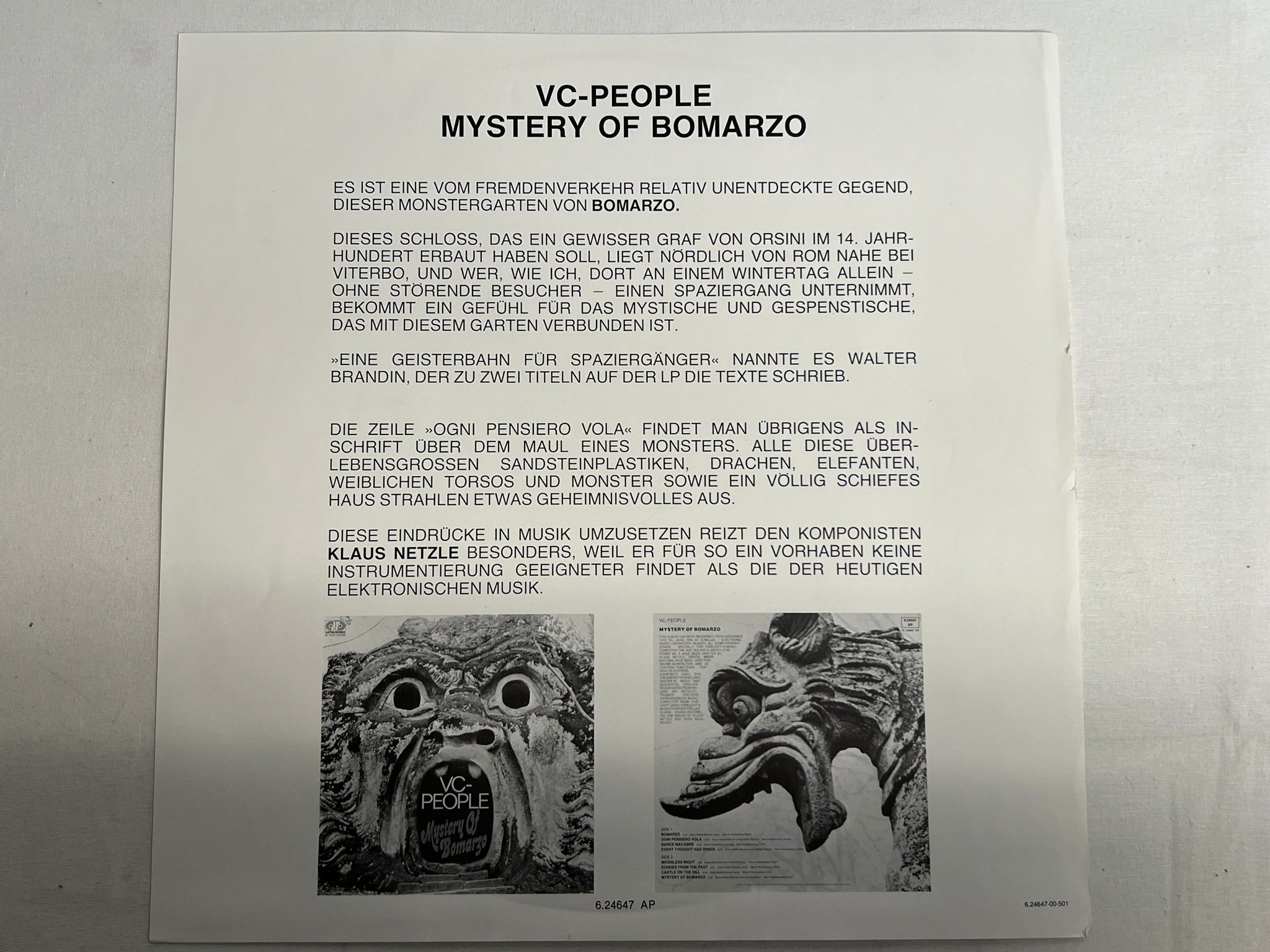Omslagsbild för skivan VC-PEOPLE Mystery Of Bomarzo LP -81 Ger JUPITER 6.24647 AP electronic / disco 