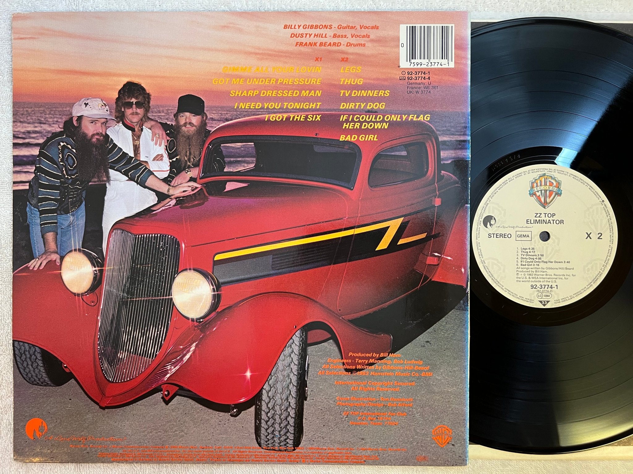 Omslagsbild för skivan ZZ TOP eliminator LP -83 Ger WARNER BROS 92-3774-1