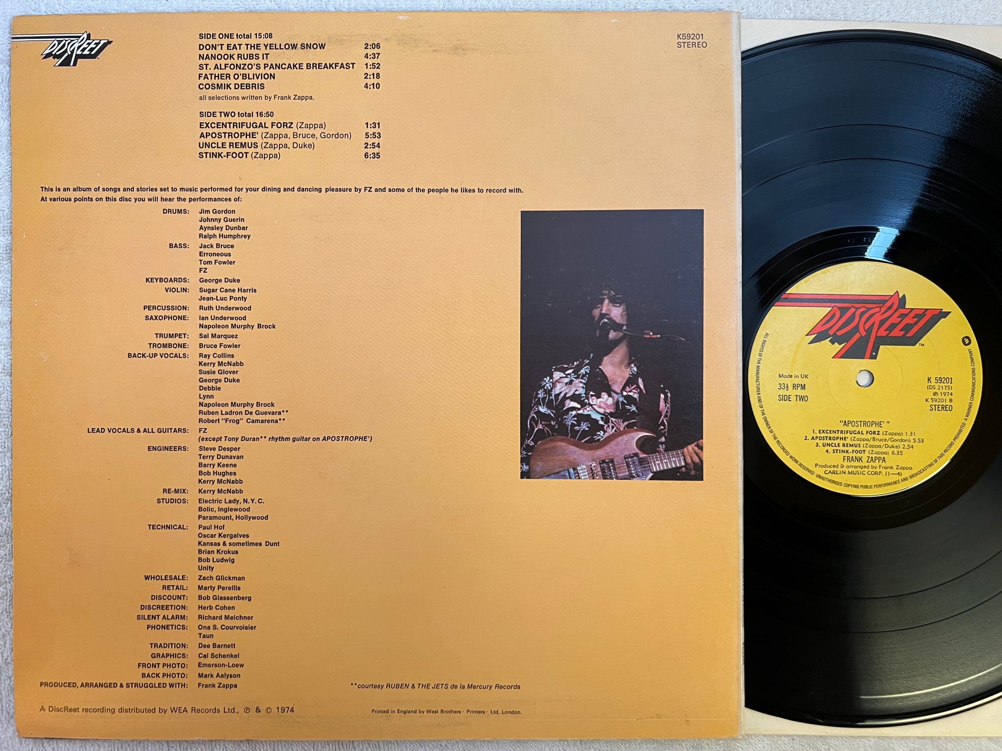 Omslagsbild för skivan FRANK ZAPPA apostrophe LP -74 UK DISCREET K 59201