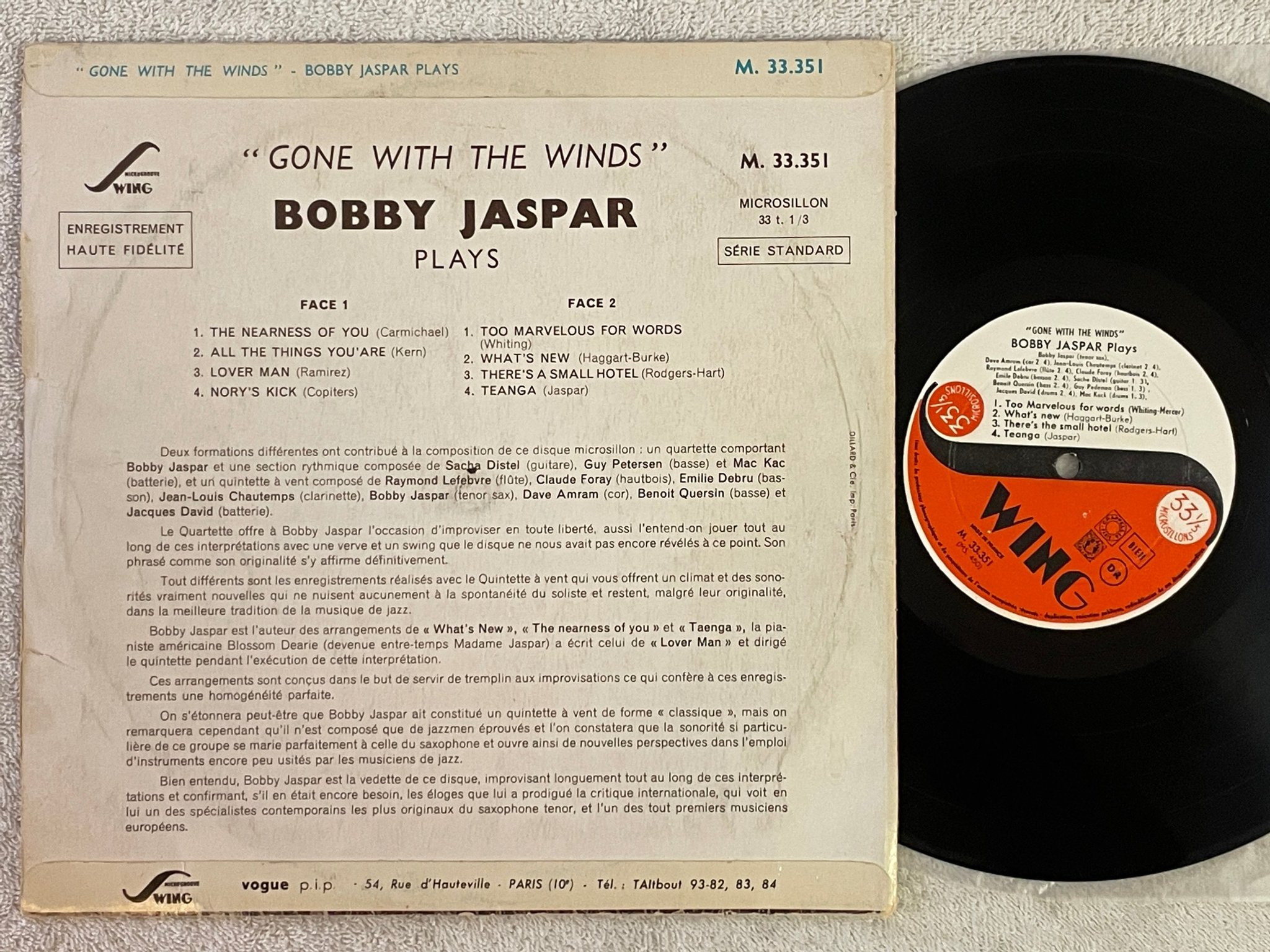 Omslagsbild för skivan BOBBY JASPAR plays 10"LP Fra SWING M 33351 ** super rare jazz **    Record / Cov