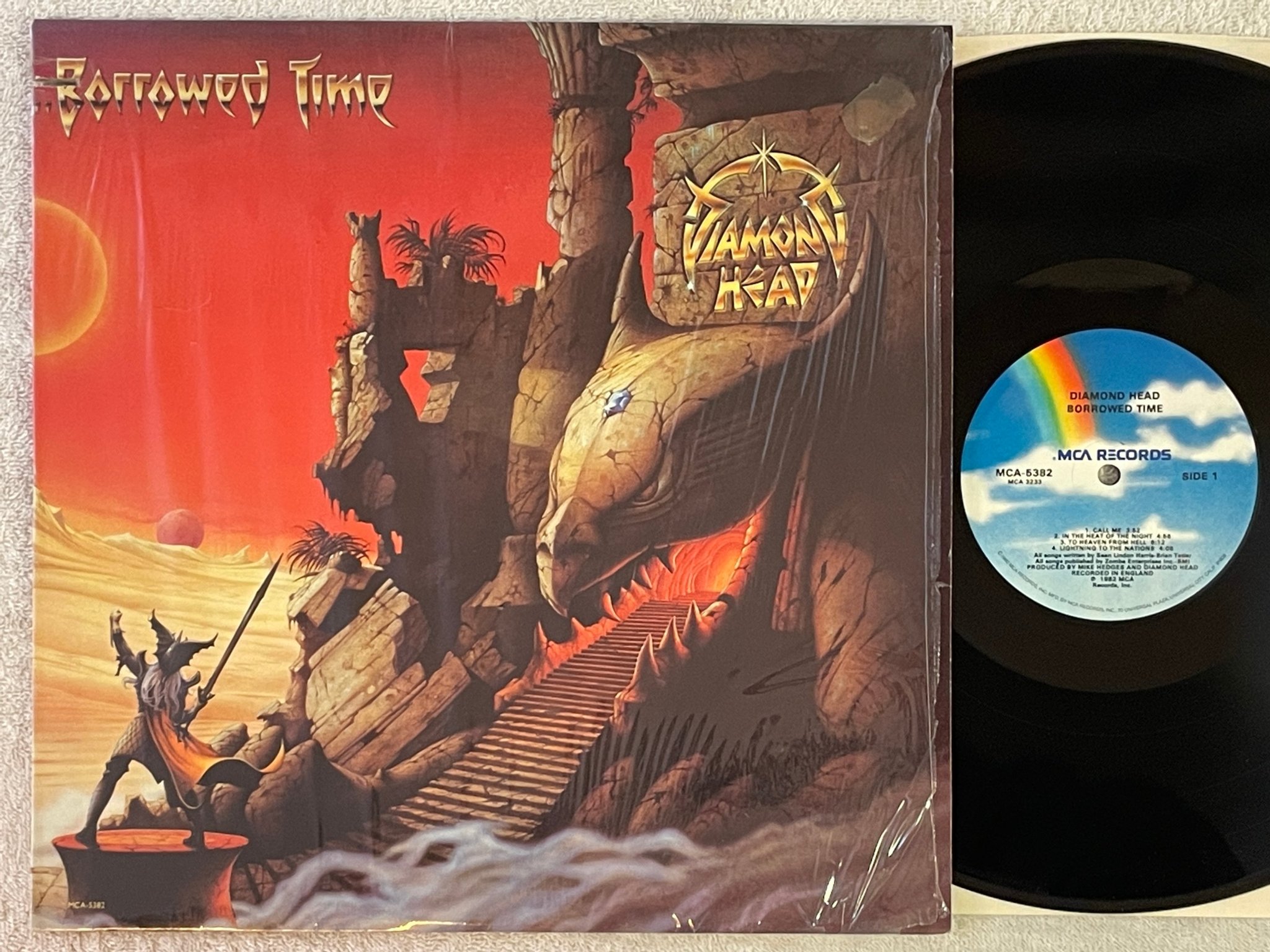 Omslagsbild för skivan DIAMOND HEAD Borrowed Time LP -82 US MCA 5382 heavy metal