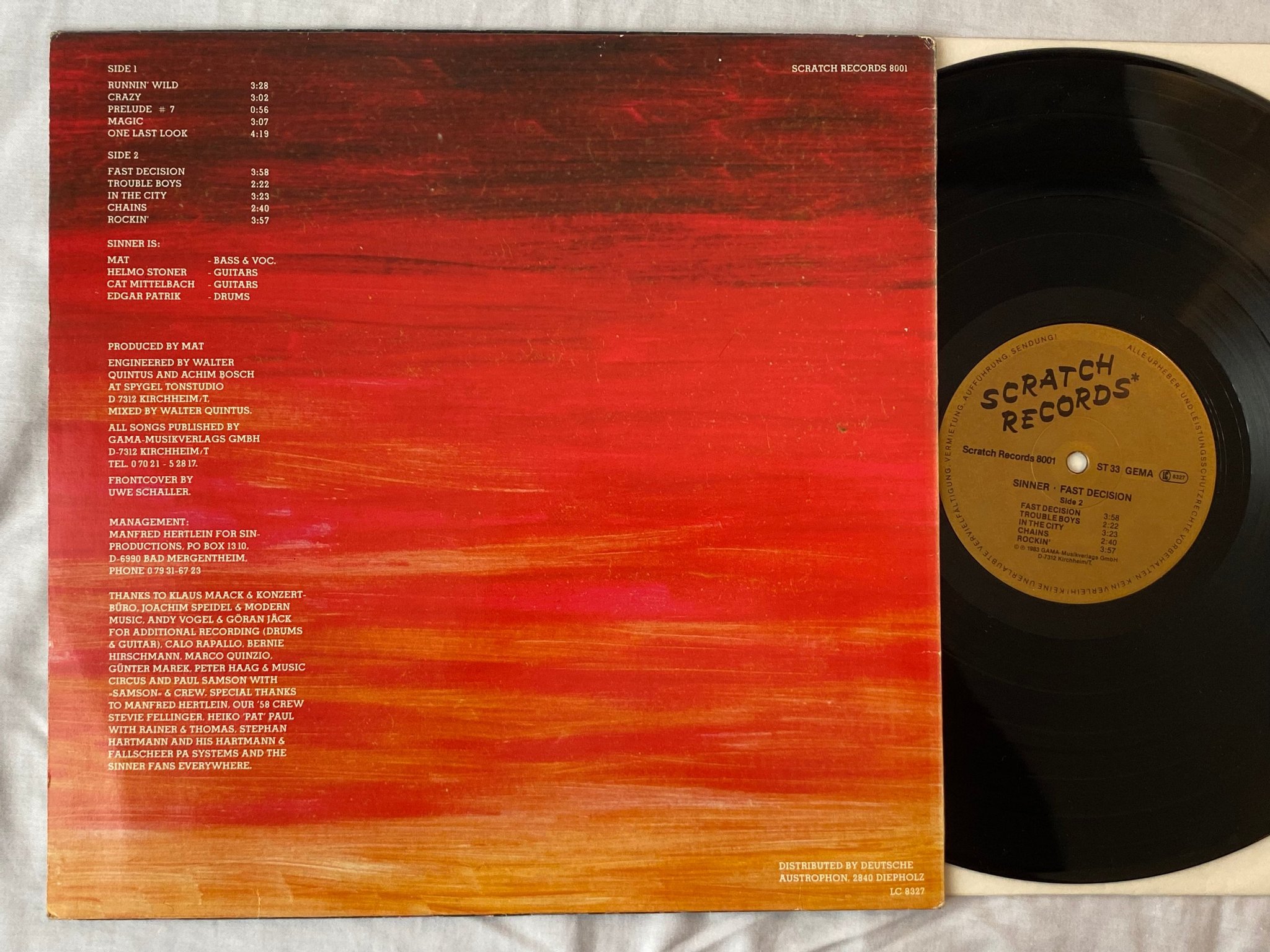 Omslagsbild för skivan SINNER Fast Decision LP -83 Ger SCRATCH 8001 
