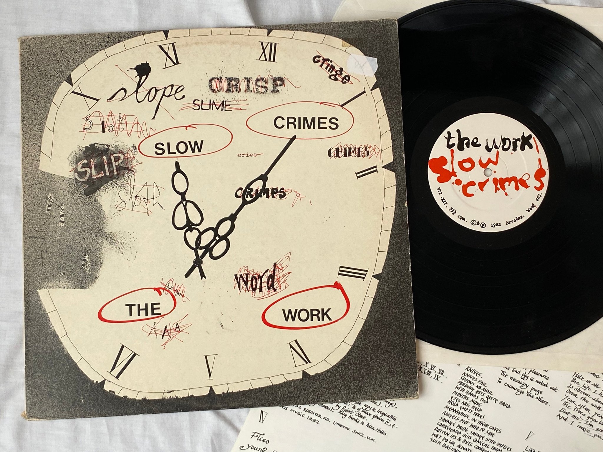 Omslagsbild för skivan THE WORK slow crimes LP -82 UK WOOF 003 nimbus cut POST PUNK 