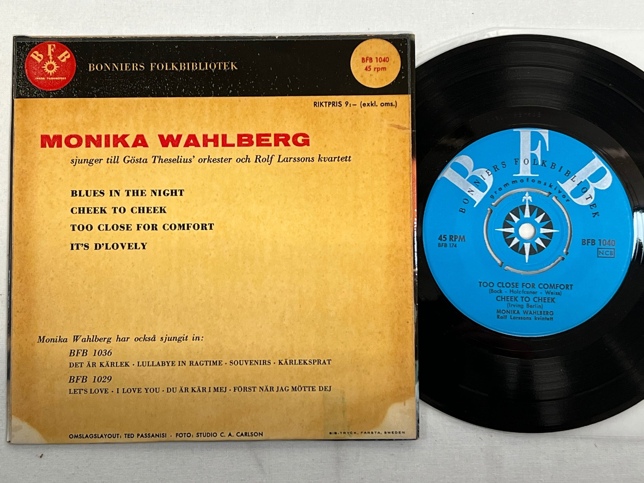 Omslagsbild för skivan MONIKA WAHLBERG blues in the night 7"ep BONNIERS BFB 1040 vocal female jazz 